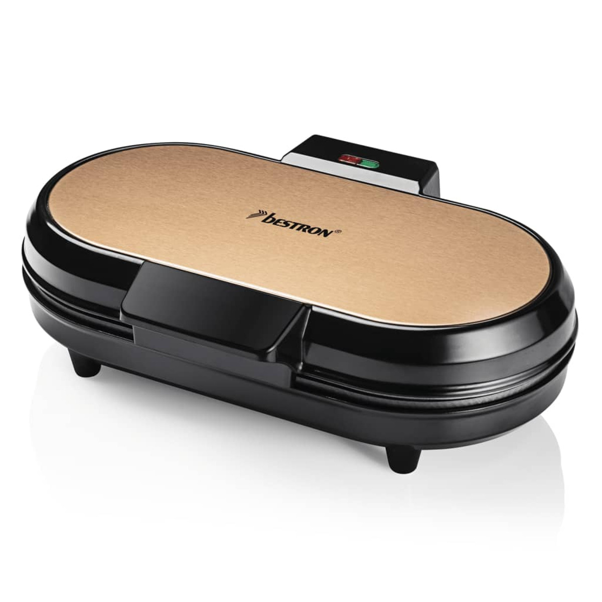 Waffle maker nero con parte superiore color oro. Il marchio BESTRON è stampato sopra.
