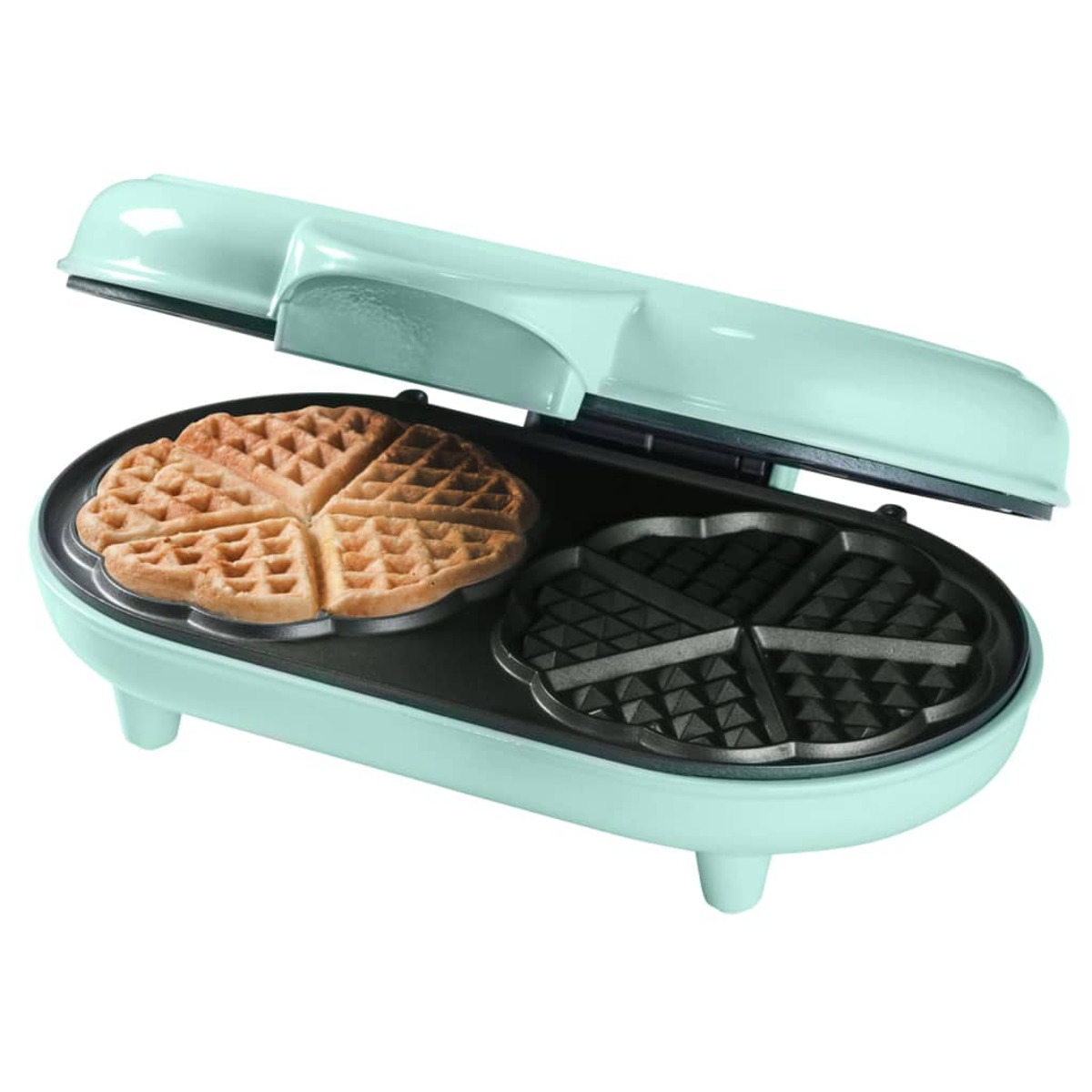 Niebieska gofrownica z czterosekcyjnym gofrem w środku i otwartą pokrywą, na białym tle.