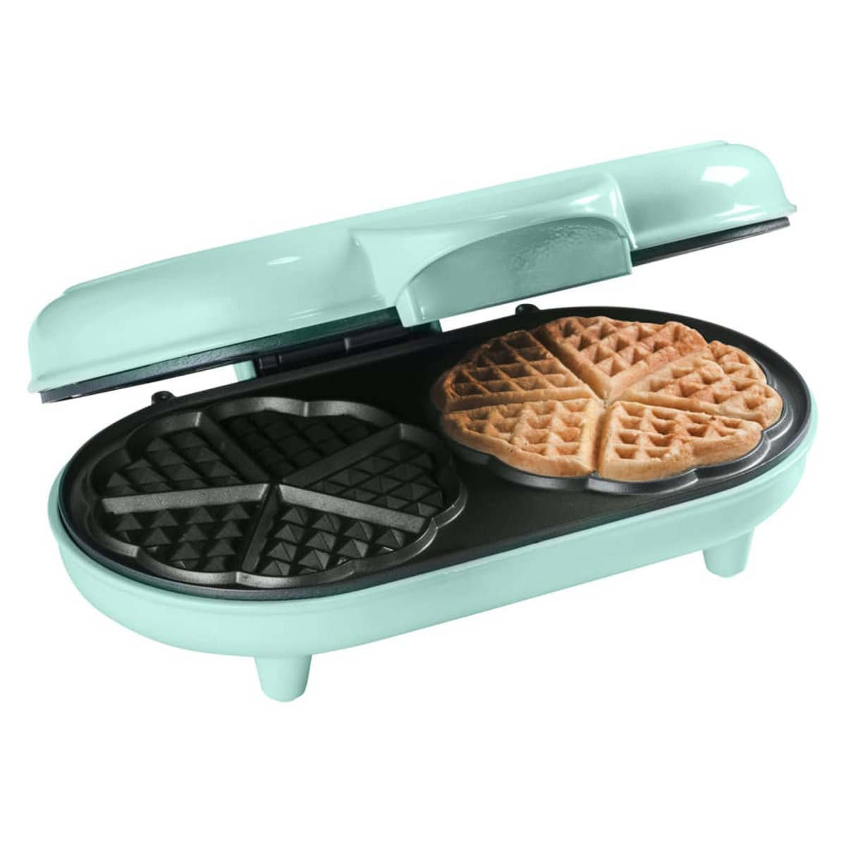 Miętowy gofrownica otwarta, z gofrem w środku.