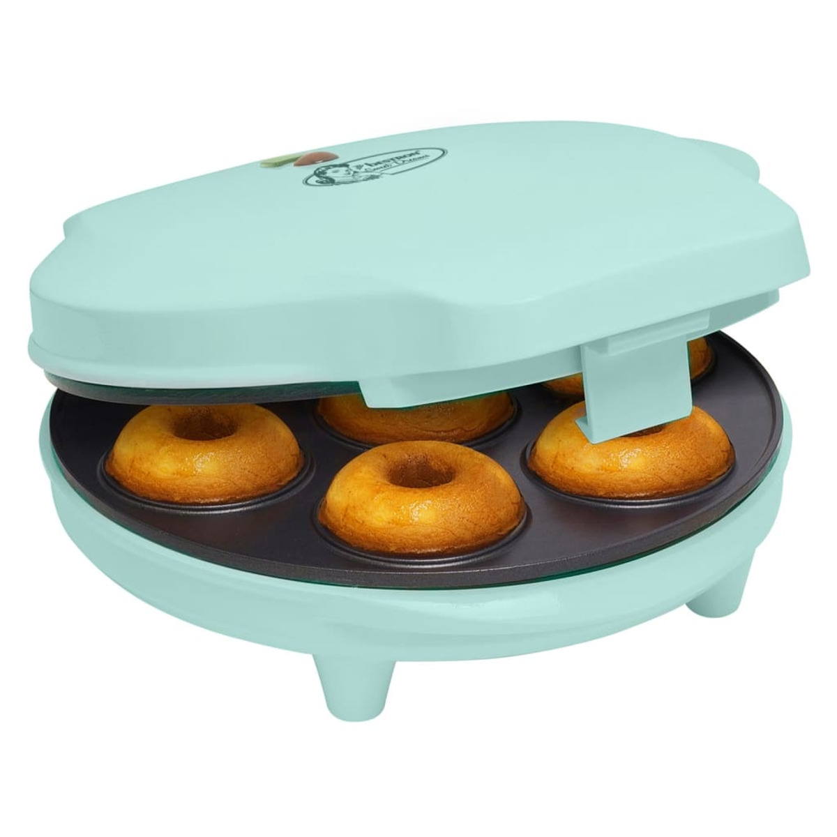 Máquina de donuts azul con donuts. Donuts dorados con agujero en medio.