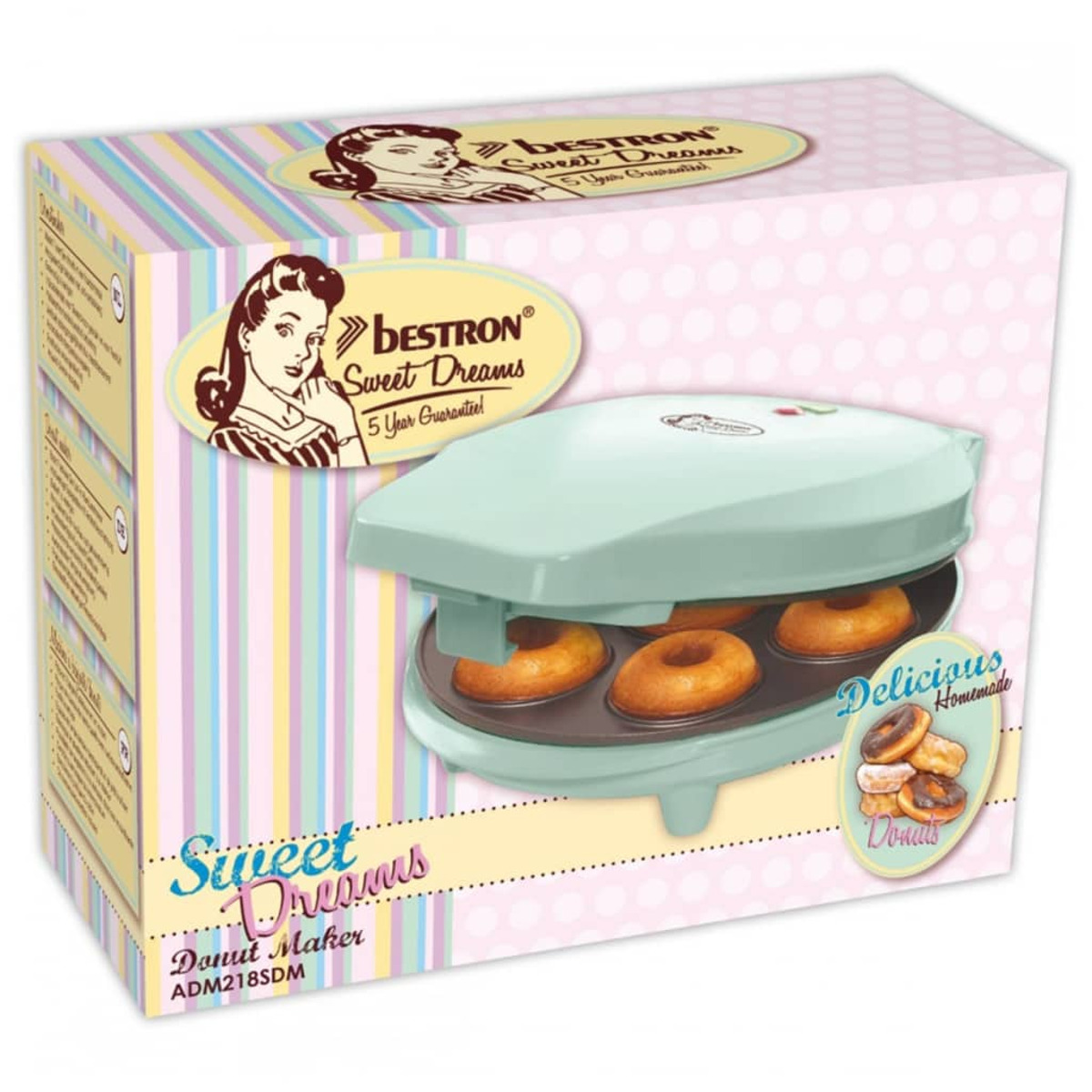 Una caja de máquina para hacer donas con una imagen de una mujer y donas en la parte delantera.