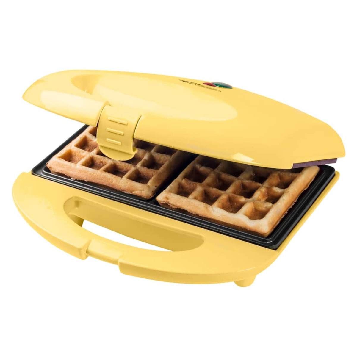 Żółta gofrownica otwarta, z dwoma goframi w środku. Czarne powierzchnie do gotowania.