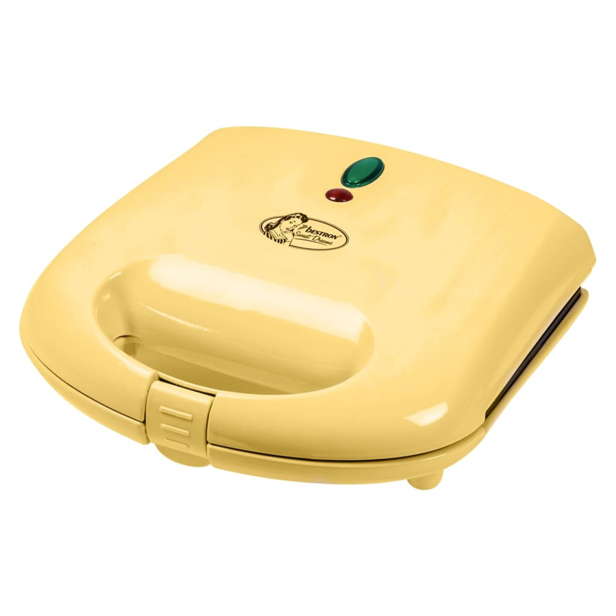 Żółta opiekacz do kanapek z zielonym światełkiem zasilania i czerwonym światełkiem gotowości. Ma uchwyt i nieprzywierającą powierzchnię.