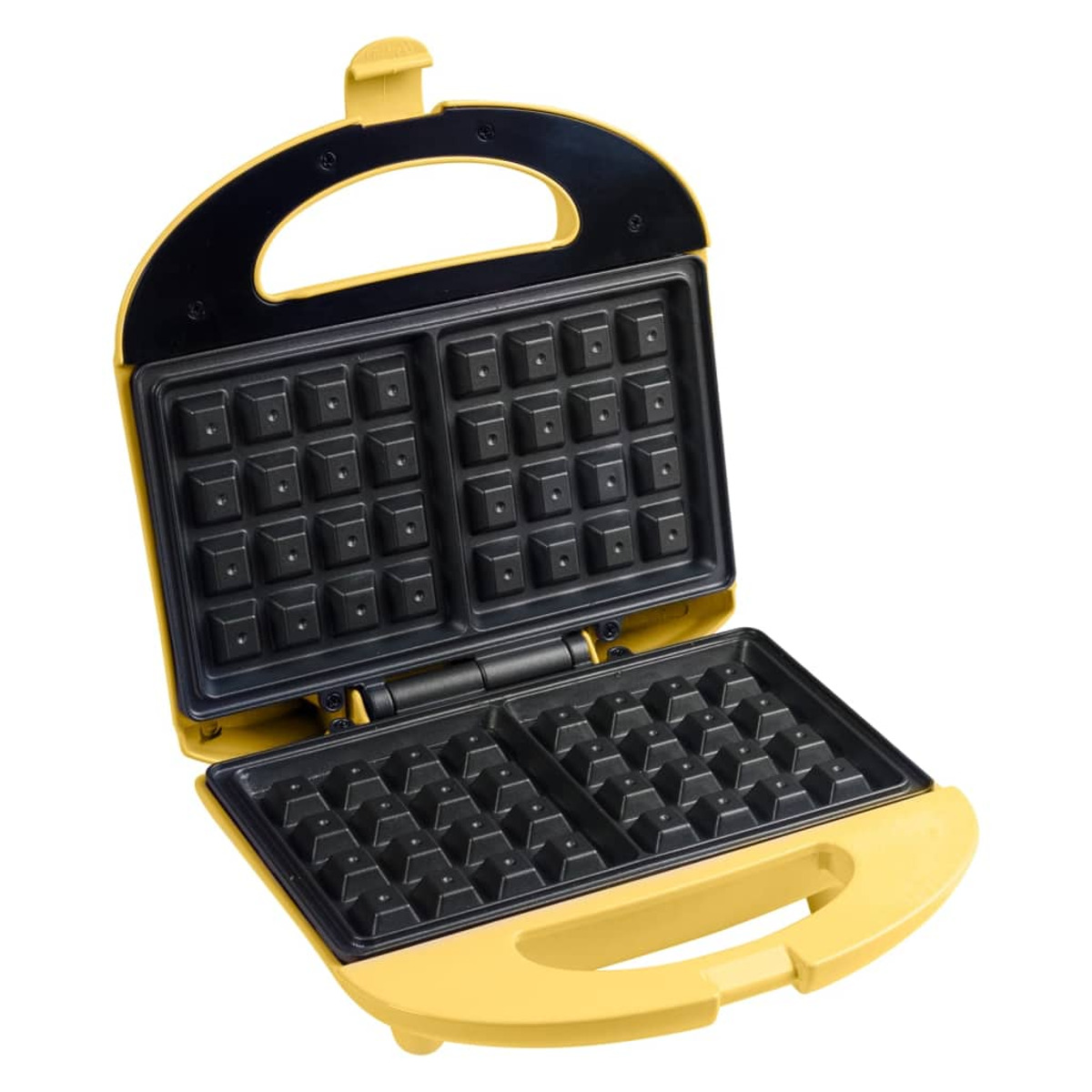 Żółta gofrownica, otwarta. Czarne płyty do gofrów z kwadratami. Białe tło.