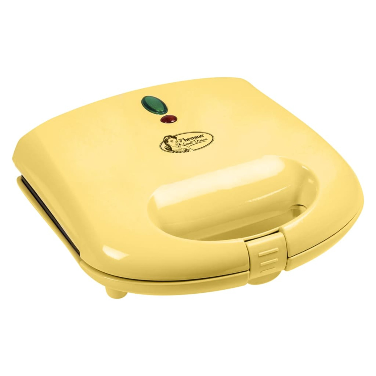 Żółty opiekacz do kanapek z zielonymi i czerwonymi światłami, uchwytem i logo.