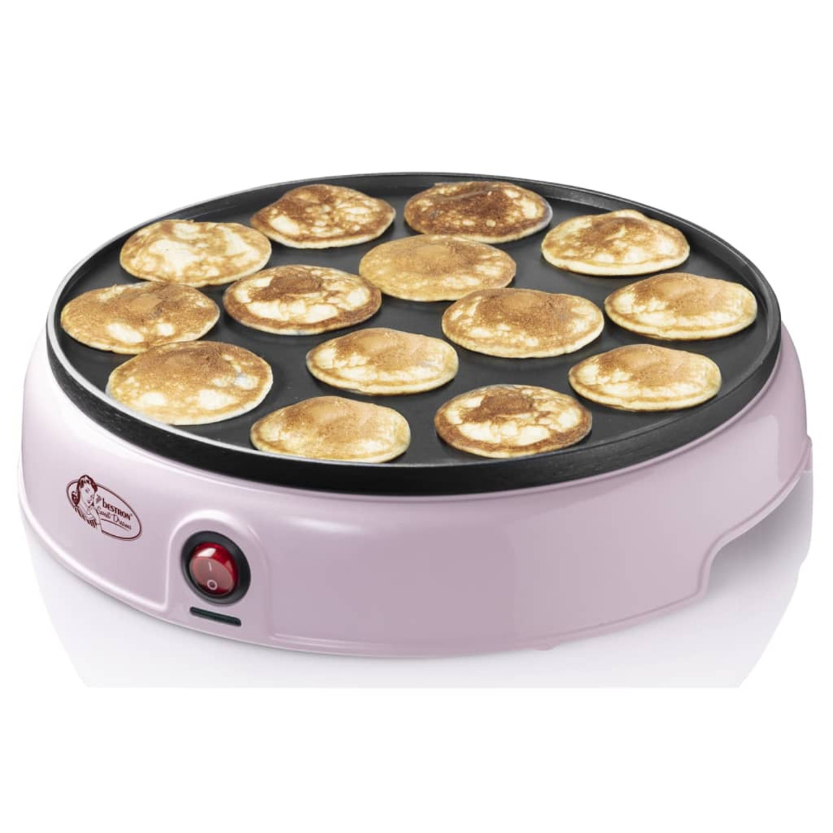 Różowa maszyna do naleśników z naleśnikami. Maszyna jest okrągła i ma różową podstawę. Znajduje się na niej wiele okrągłych naleśników.
