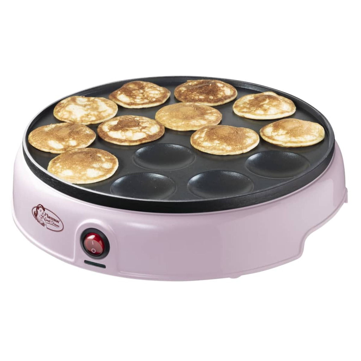 Różowa maszyna do naleśników z naleśnikami. Urządzenie stoi na białej powierzchni, z czerwonym przyciskiem zasilania.
