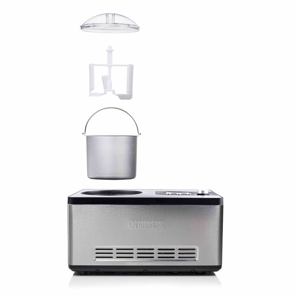 Pièces de machine à glace : couvercle, baratte, seau et machine. Isolé sur blanc.