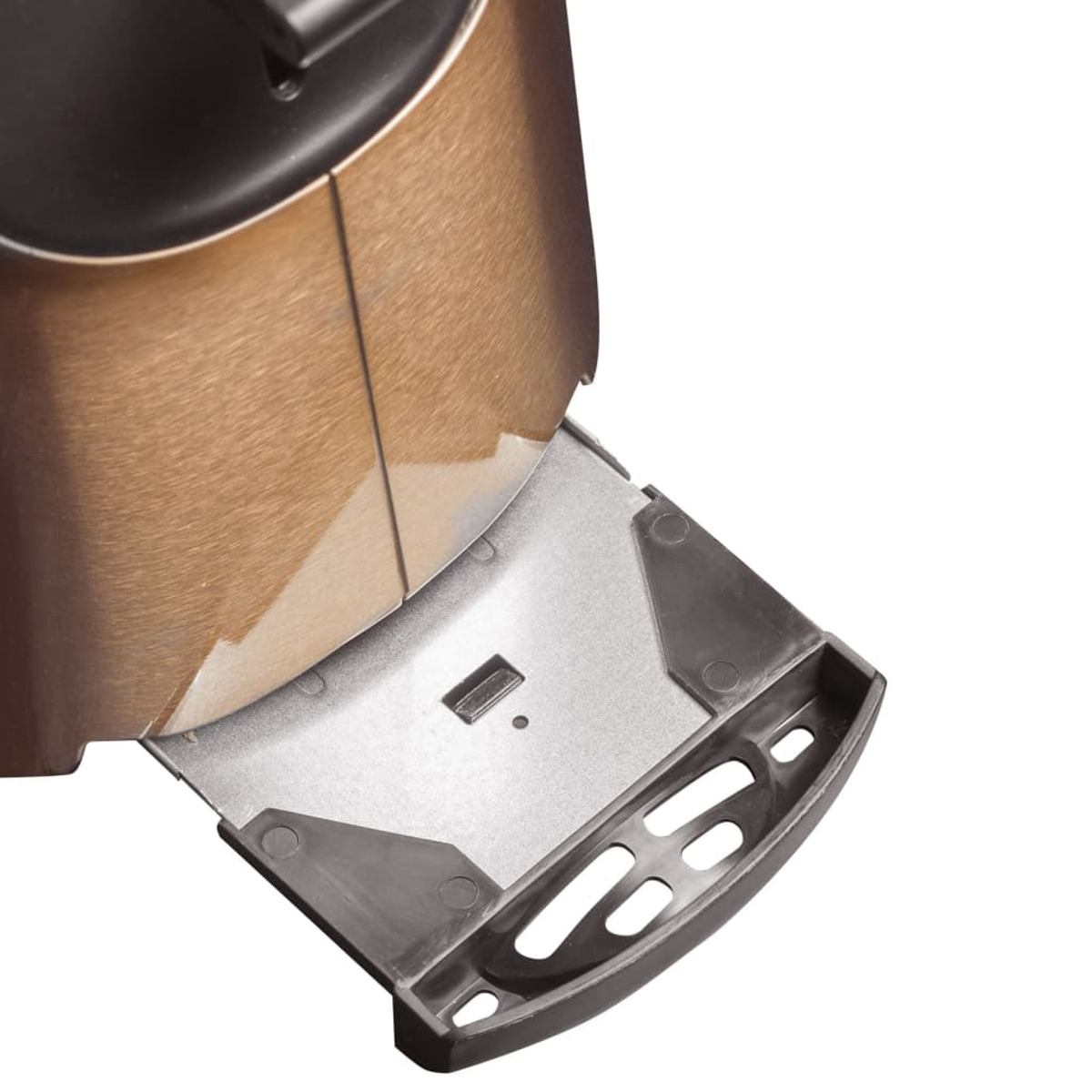 Primo piano di un componente della macchina da caffè. L'apertura per le cialde di caffè. Sfondo bianco.