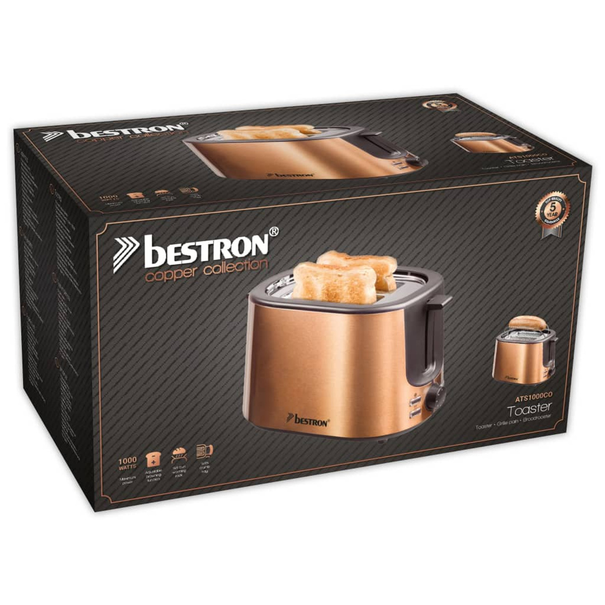 Una scatola mostra un tostapane con pane. C'è scritto Bestron Copper Collection. Il tostapane è color rame e ha 5 anni di garanzia.