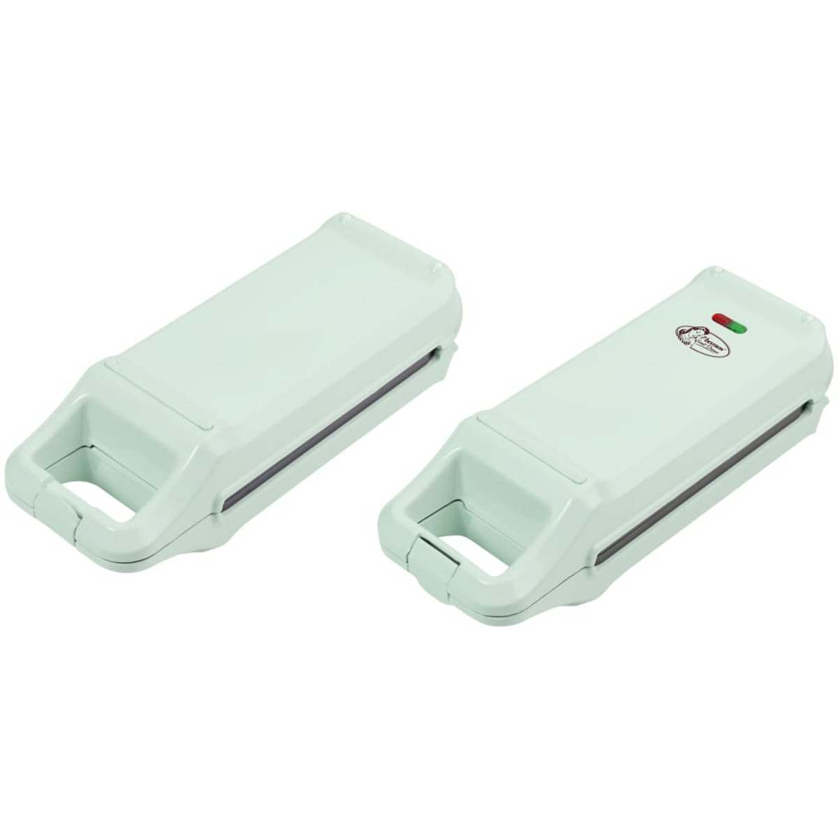 Due presse per panini verde menta affiancate. Sono chiuse con maniglie in alto.