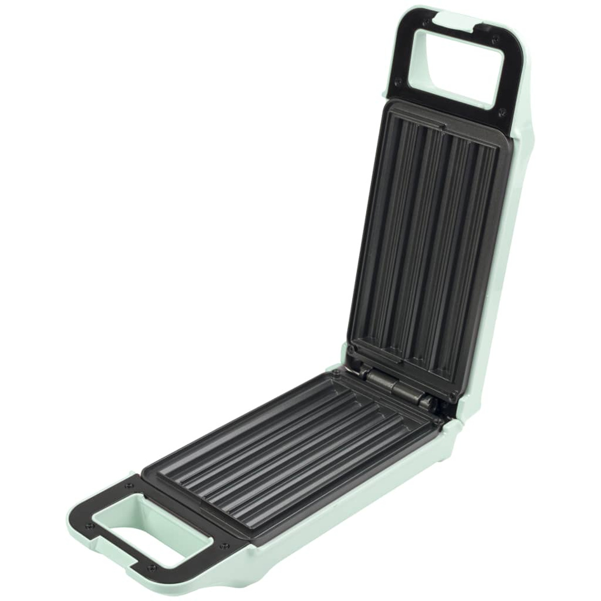 Sandwich maker aperto con superfici antiaderenti, esterno verde chiaro e interno nero.