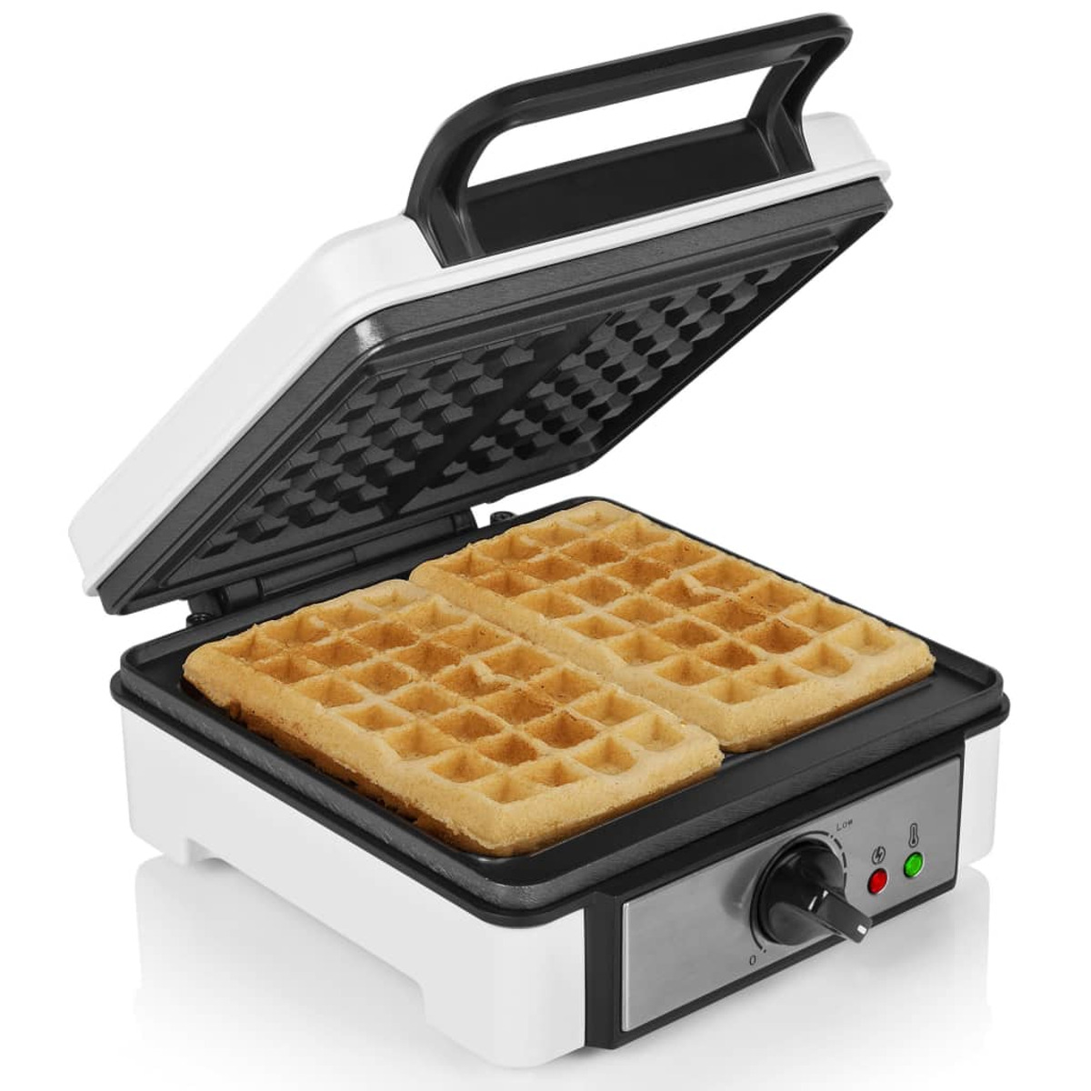 Biało-szara gofrownica, otwarta z dwoma goframi. Posiada pokrętło i lampki kontrolne.