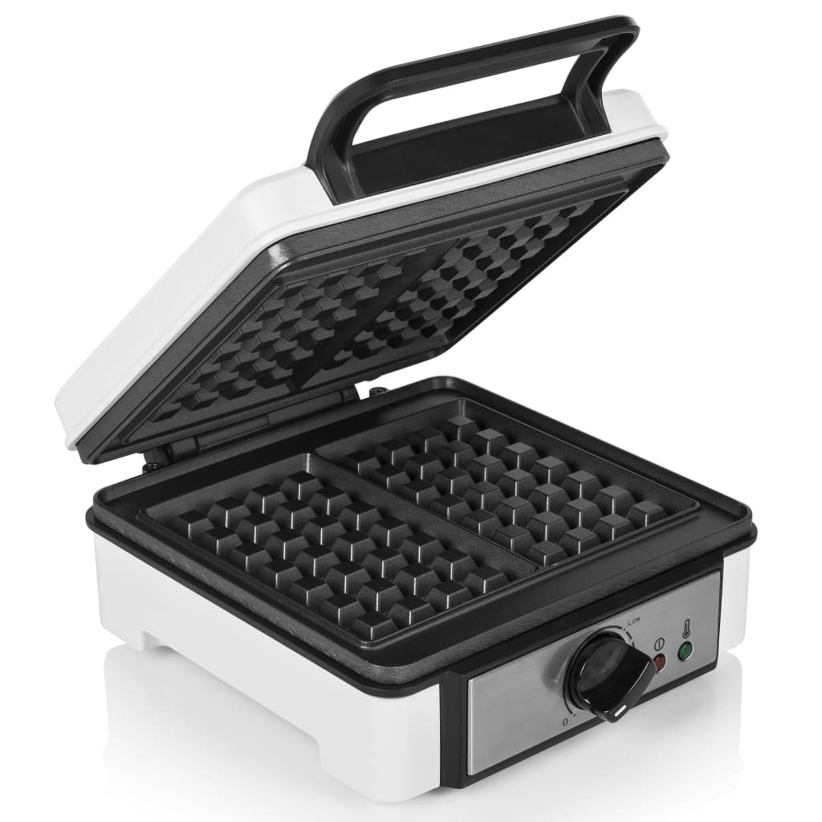 Biała gofrownica, otwarta, odsłaniająca kratki do gofrów, z czarnym pokrętłem.