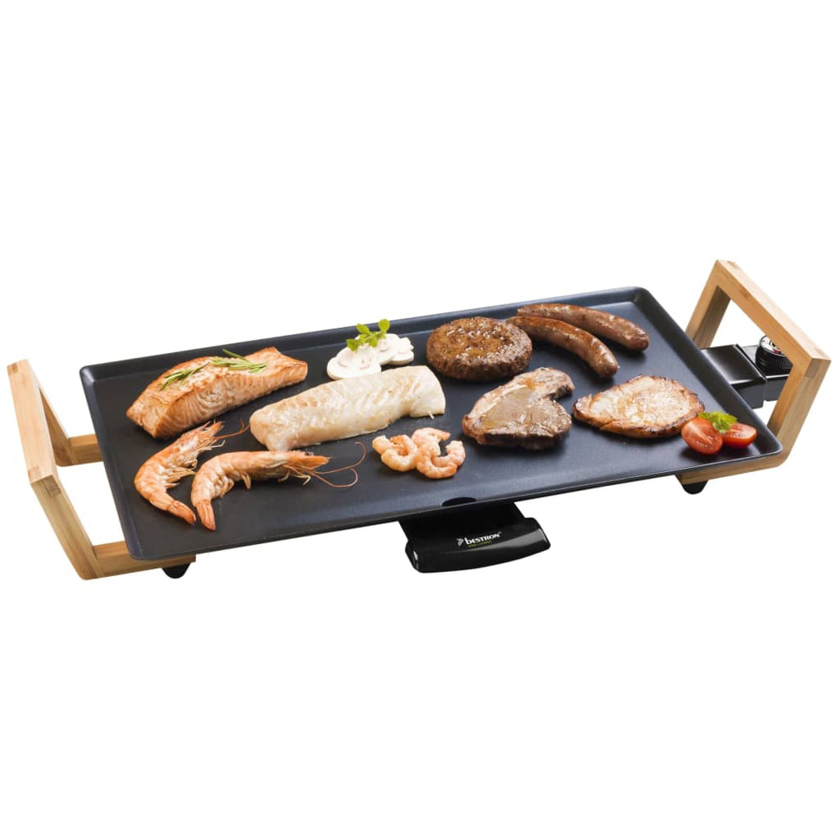 Una griglia elettrica rettangolare con vari cibi: pesce, carne, gamberi e verdure. Manici in legno.