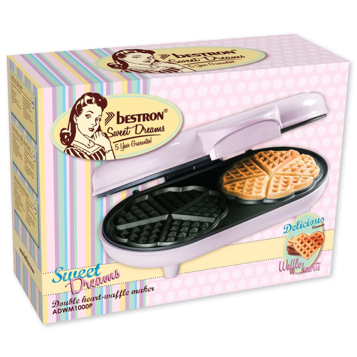 Różowa gofrownica z goframi w środku. Opakowanie jest kolorowe i ma tekst.