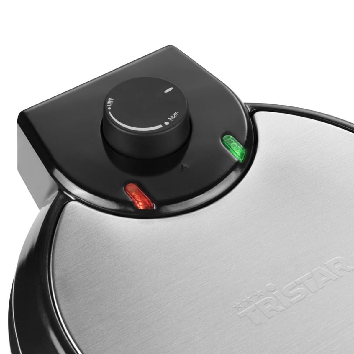 Czarny gofrownica z regulacją temperatury i kontrolkami, ze srebrną powierzchnią do gotowania.