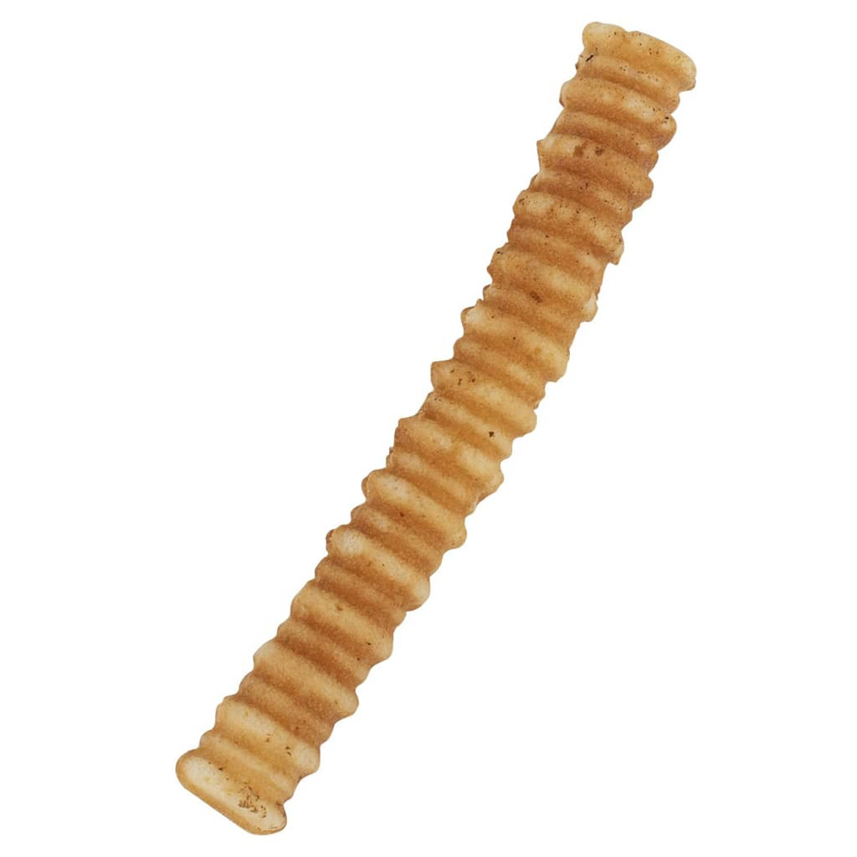 Una singola, patata fritta strutturata su sfondo bianco.