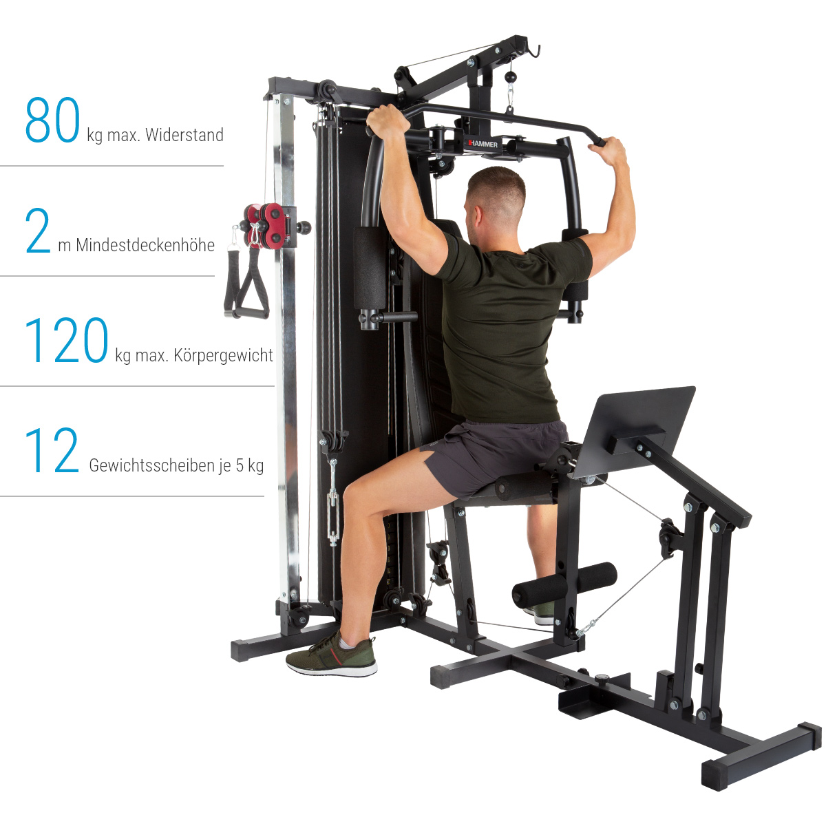 Ein Mann benutzt ein Mehrstationen-Fitnessgerät. Text zeigt Gewichts- und Höhenbegrenzungen.