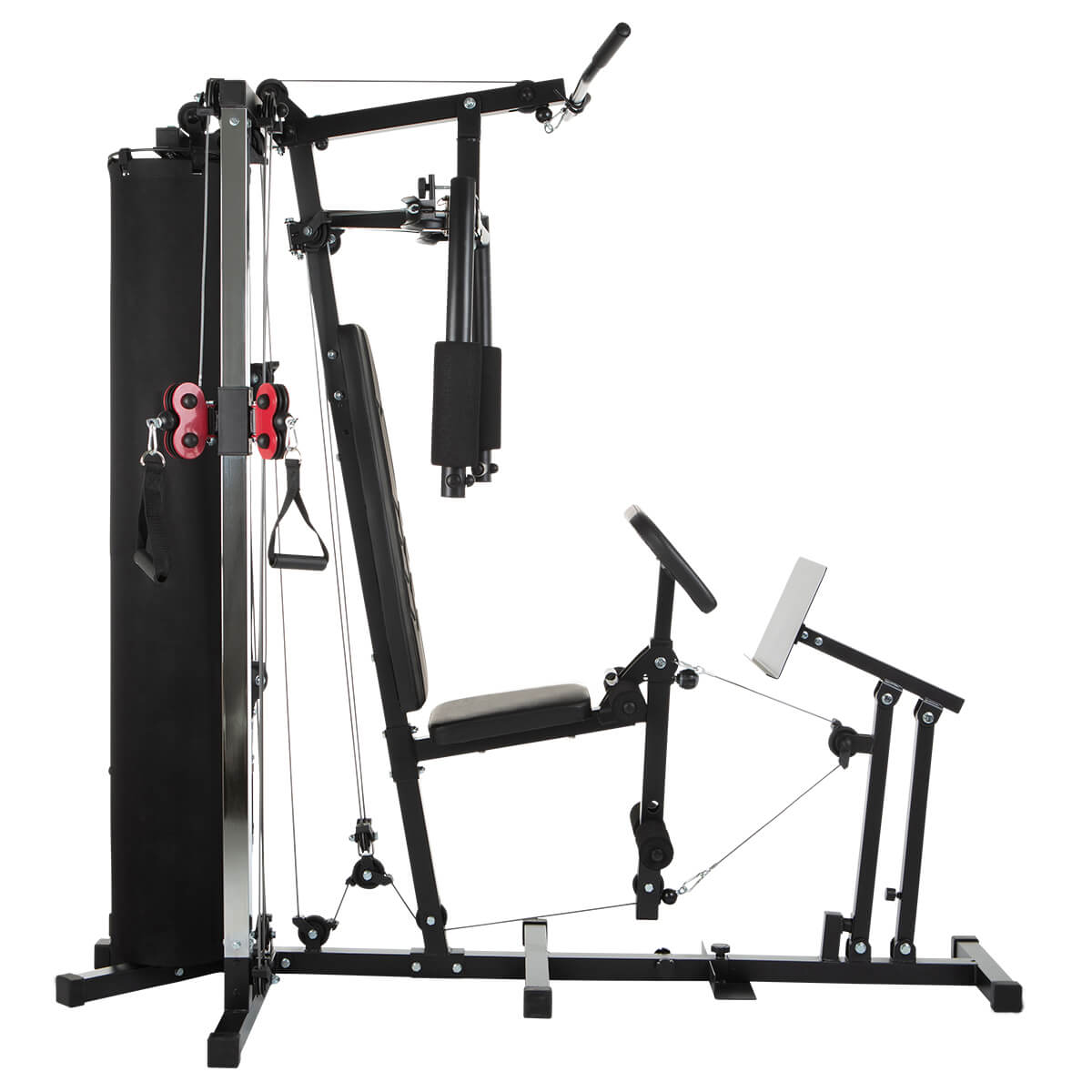 Schwarze Heimtrainingsmaschine mit verschiedenen Trainingsstationen. Sie hat einen Sitz, Gewichte und Kabel.