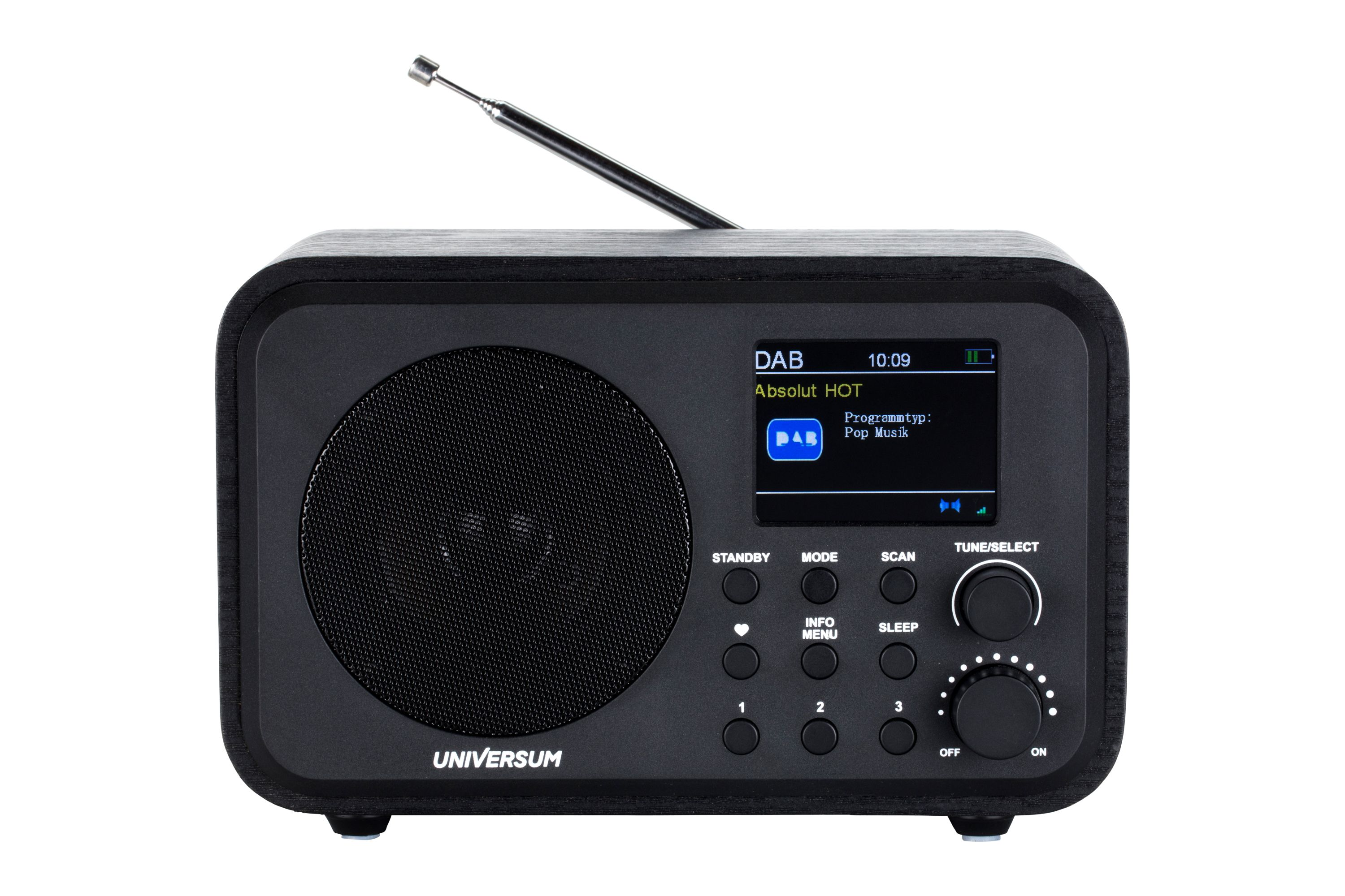 Schwarzes Universum Radio mit Bildschirm, der Informationen anzeigt, Antenne oben, auf weißem Hintergrund.