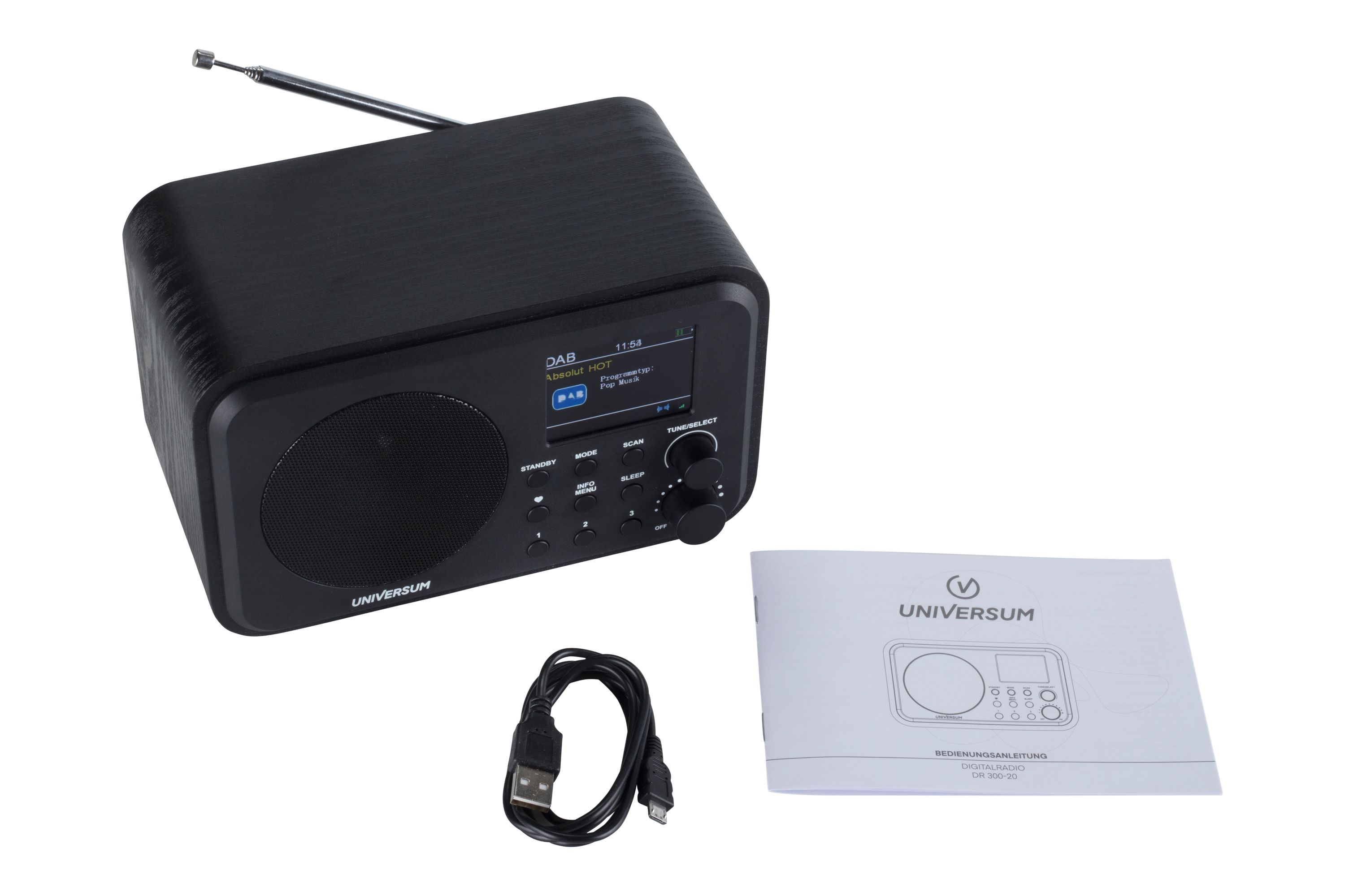 Schwarzes Universum-Radio mit Antenne, Bildschirm, Bedienelementen, USB-Kabel und Handbuch.