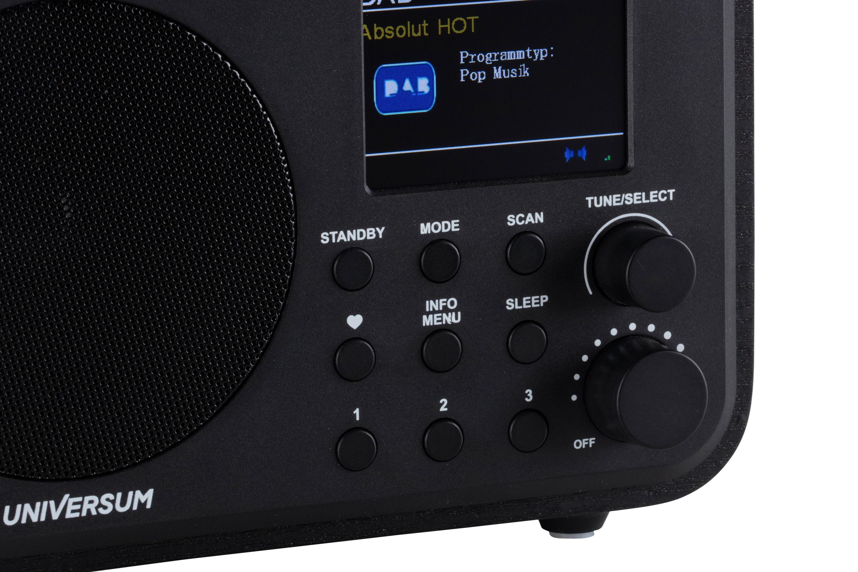Nahaufnahme eines schwarzen Radios mit Knöpfen, Bildschirm und Drehknopf.