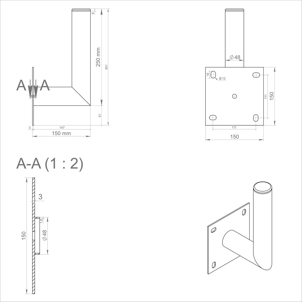 Detaillierte technische Zeichnung einer Metallhalterung, die Abmessungen und Ansichten zeigt, mit verschiedenen Winkeln.