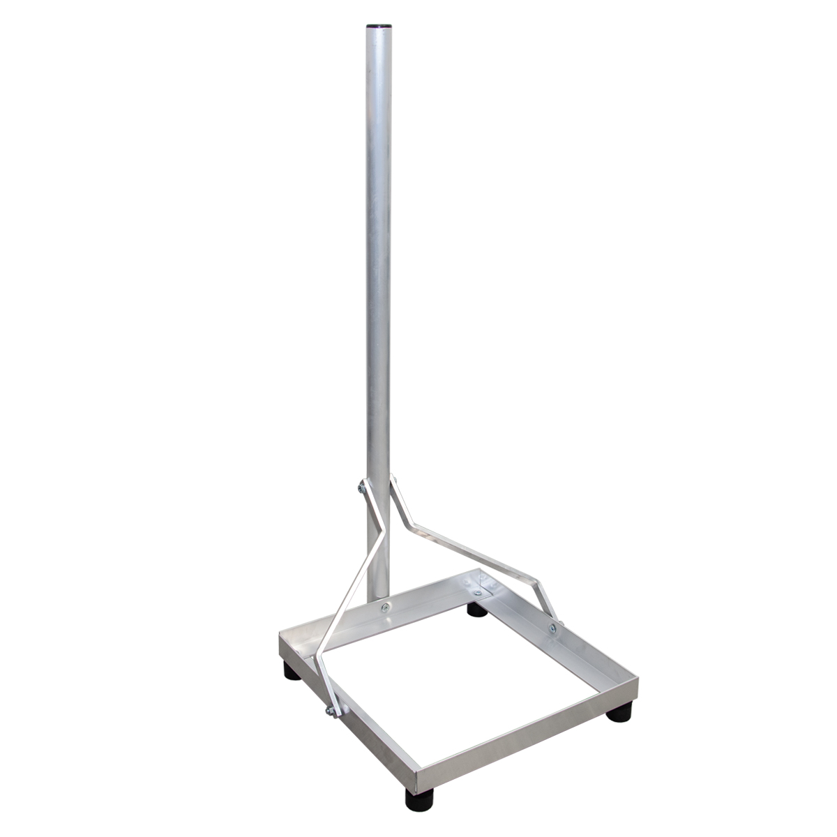 Silberner Metallständer. Eine quadratische Basis trägt eine vertikale Stange und einen kleinen Rahmen.