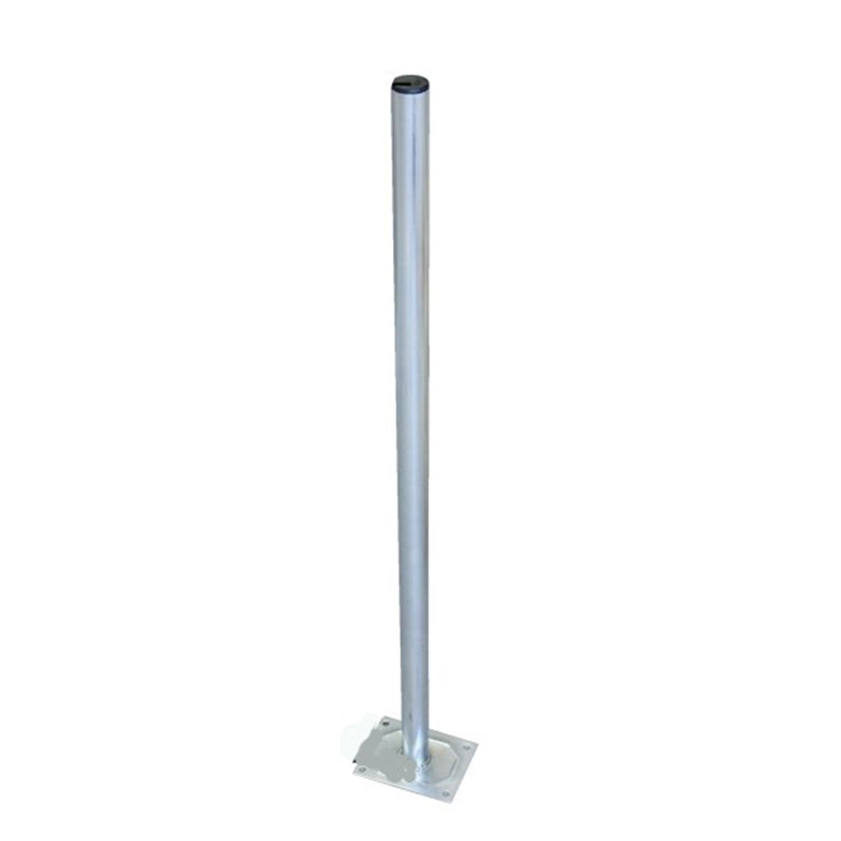 Silberner Metallpfahl mit quadratischer Basis, auf weißem Hintergrund aufrecht stehend.