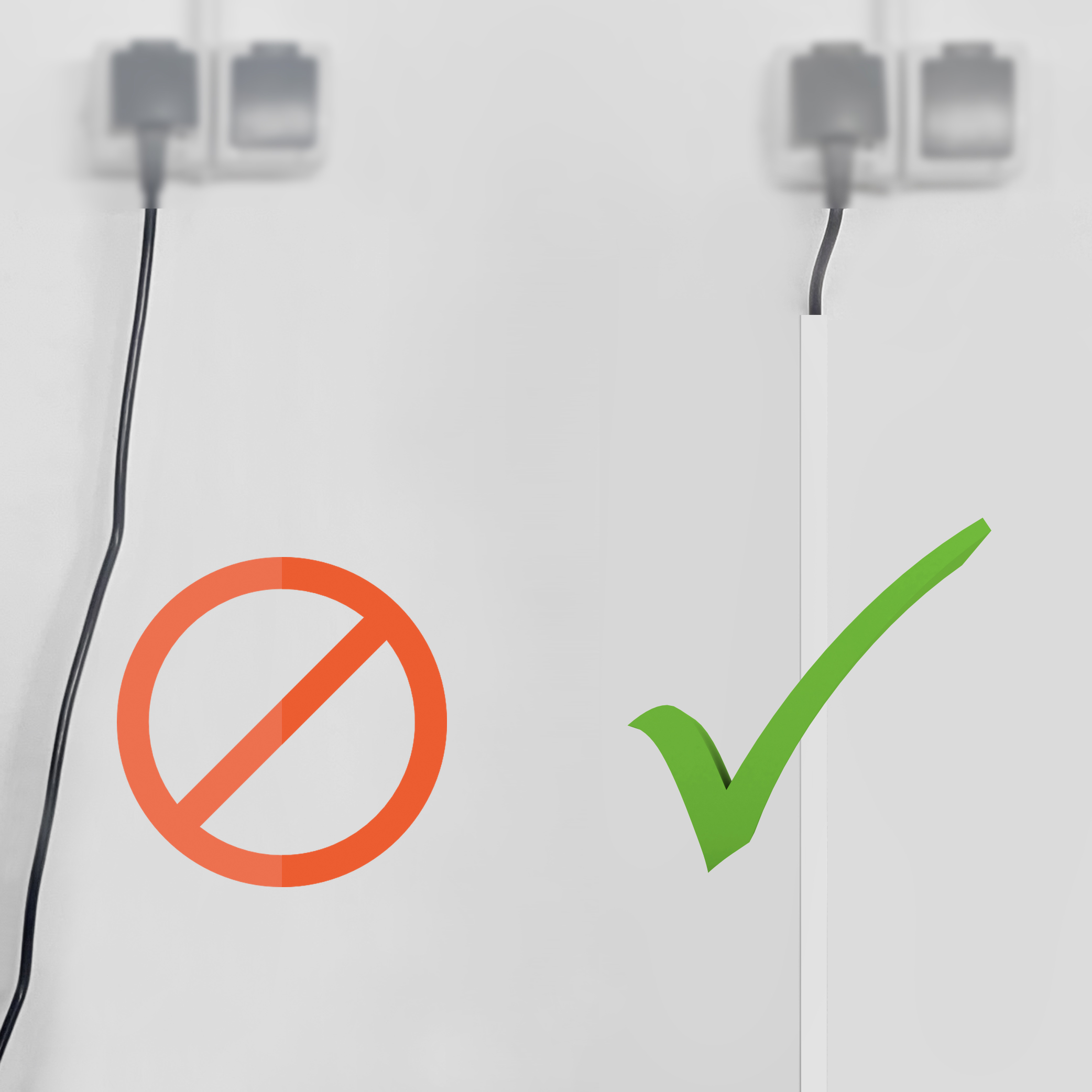 Wand mit zwei Steckdosen, Kabel mit Verbotsschild und grünem Häkchen.