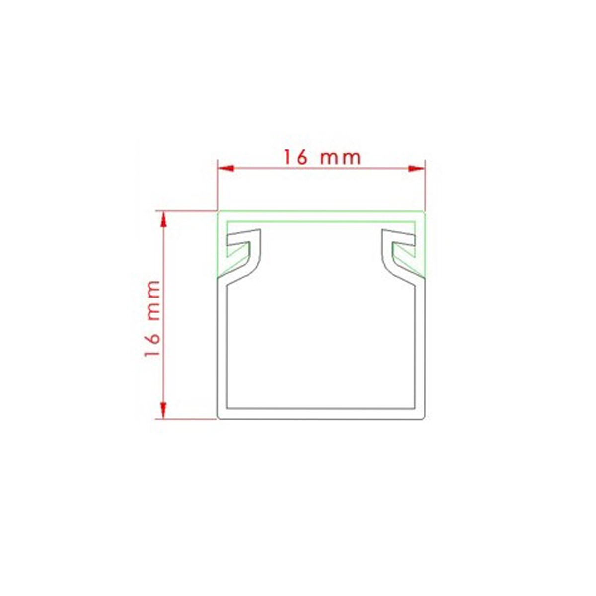 Technische Zeichnung eines quadratischen Profils, mit den Maßen 16 mm x 16 mm und einer grünen Umrandung.