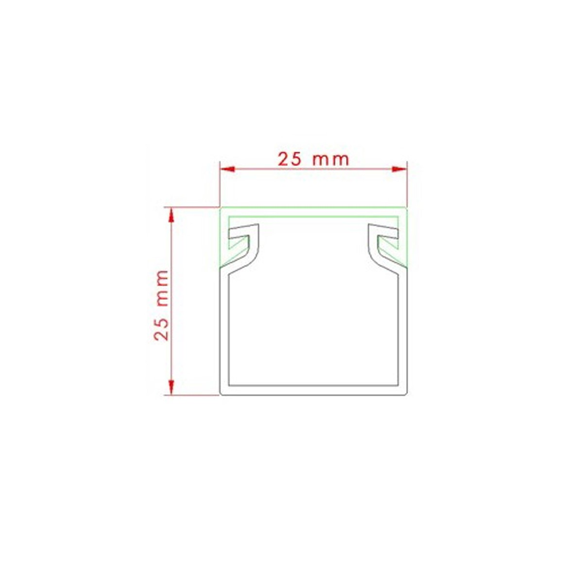 25mm x 25mm Querschnitt eines Profils mit grüner Umrandung.