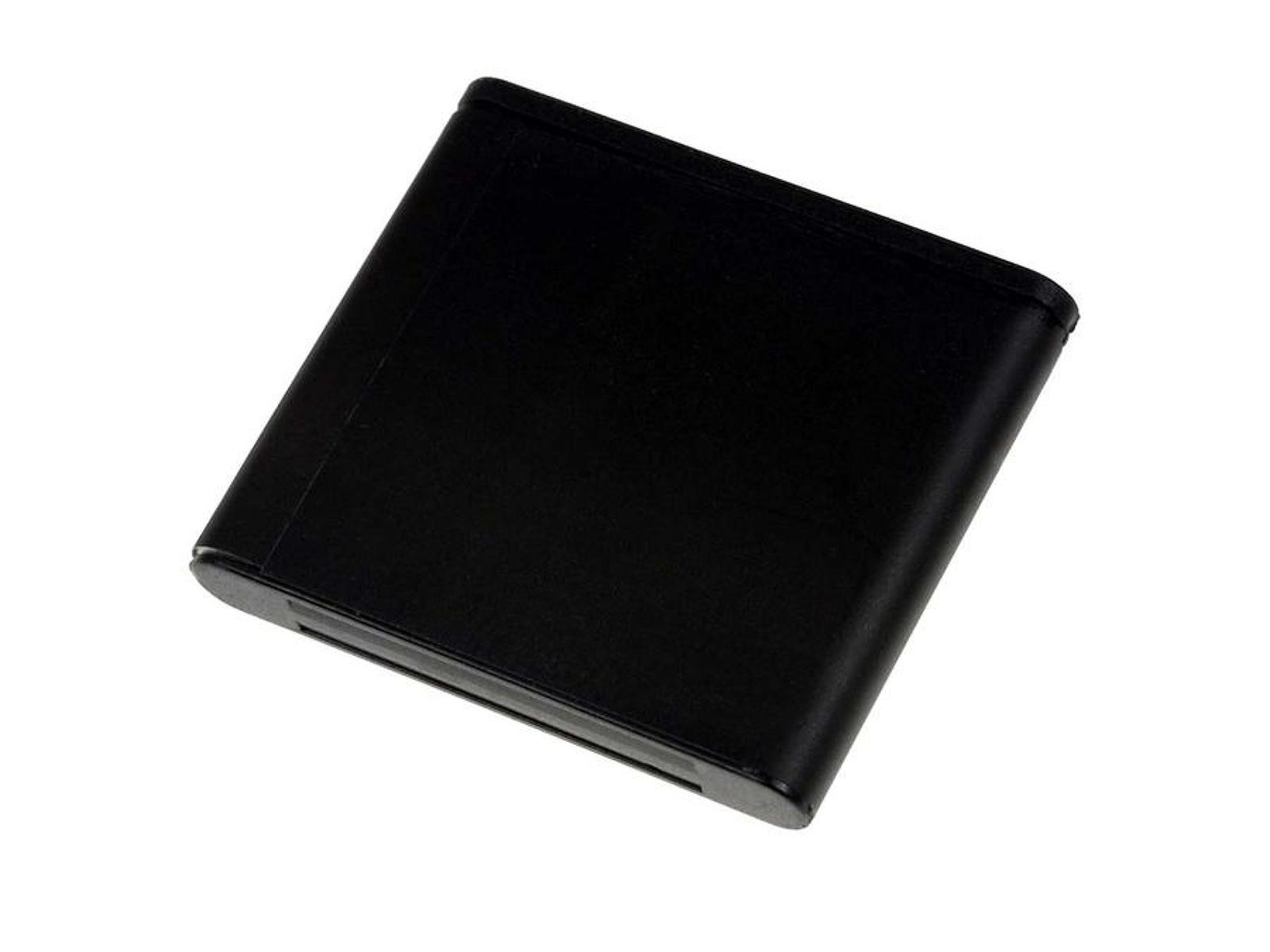 Batería rectangular negra. Es un objeto plano y oscuro con superficie lisa y bordes redondeados.