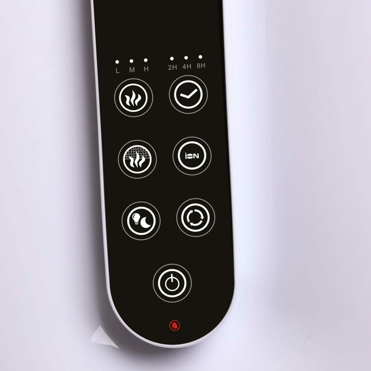 Czarny panel sterowania z białymi ikonami i tekstem. Znak wyboru, ciepło, zasilanie, ustawienia timera.