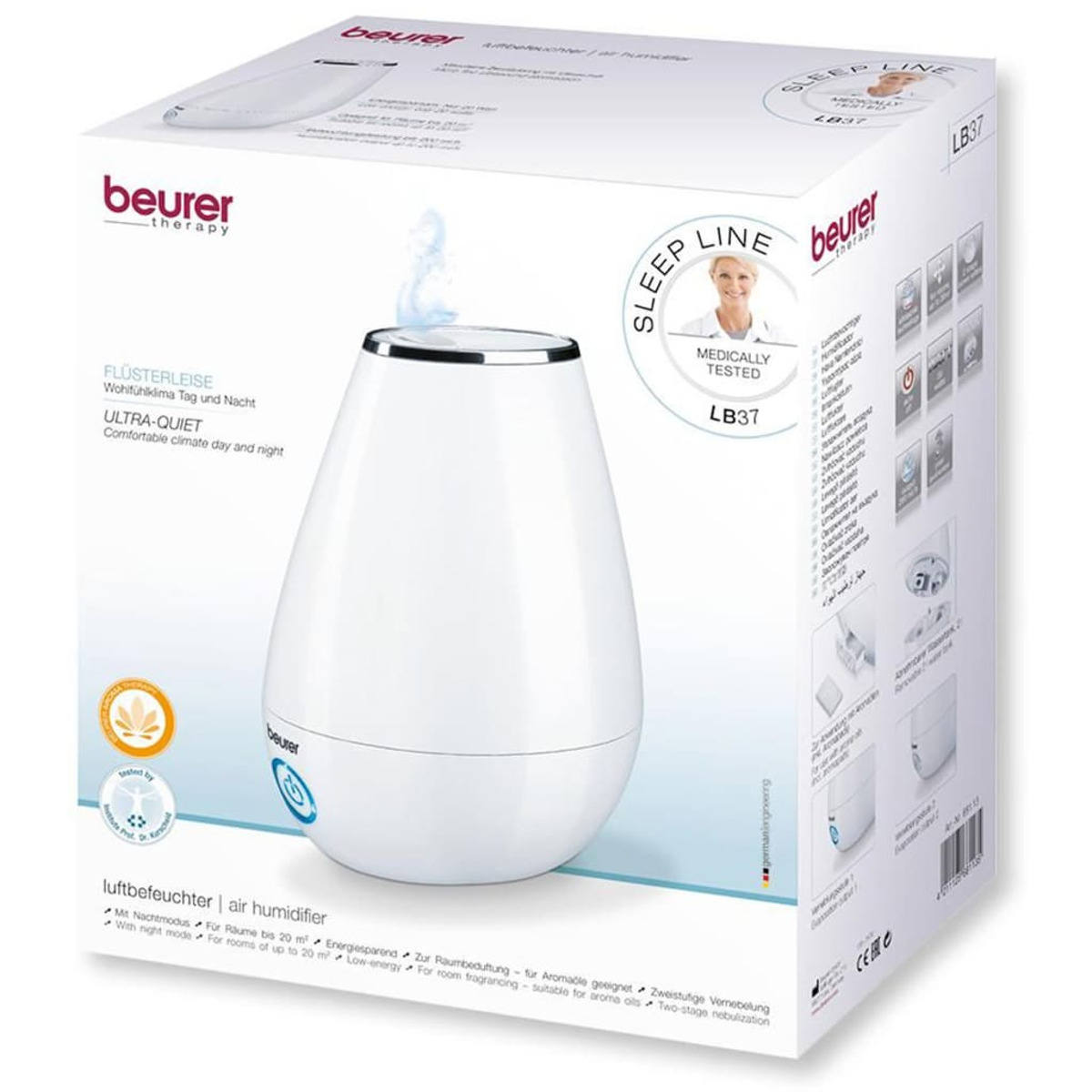 Weiße Luftbefeuchterbox mit Produktbild, Details und Text.