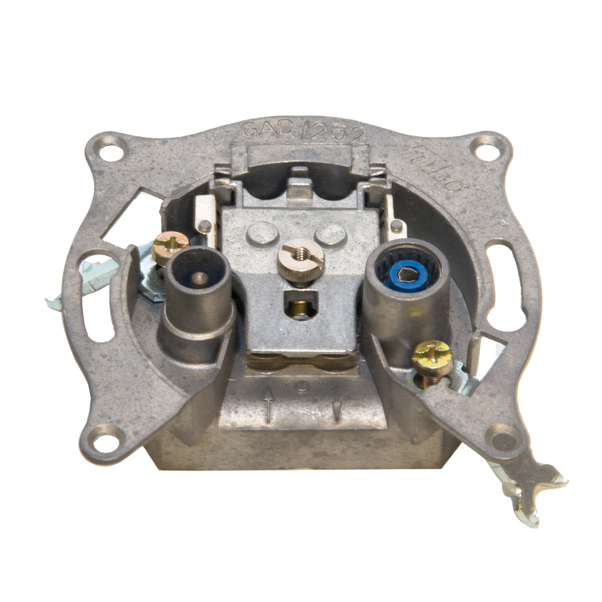 Ein metallener elektrischer Steckdoseneinsatz mit verschiedenen Anschlüssen und sichtbaren Schrauben.