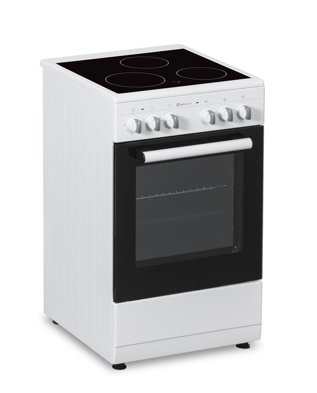 Cocina eléctrica blanca con cuatro aros negros para la vitrocerámica. Tiene un horno con puerta de cristal.