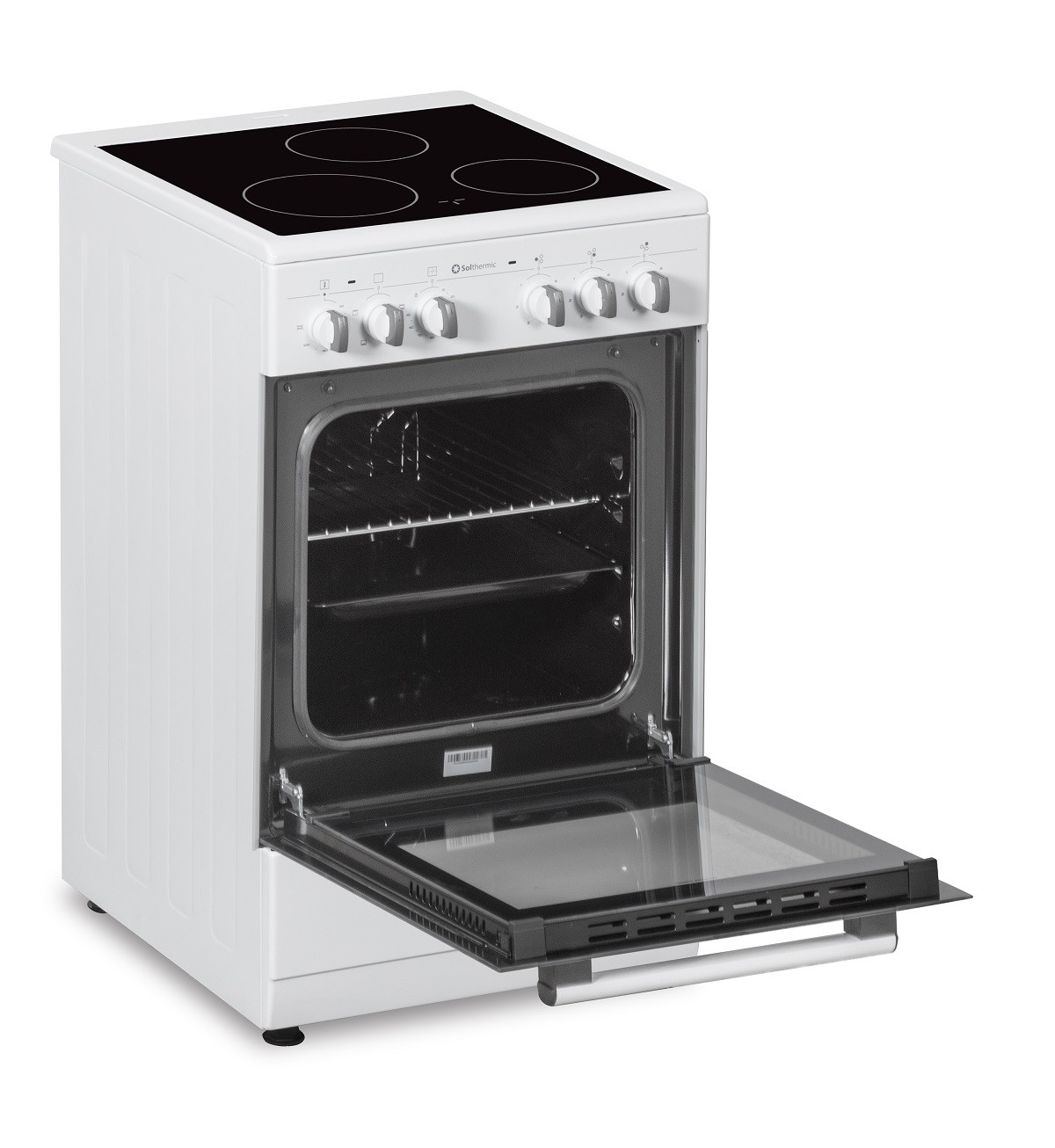 Una estufa eléctrica blanca con la puerta del horno abierta. La estufa tiene cuatro quemadores.