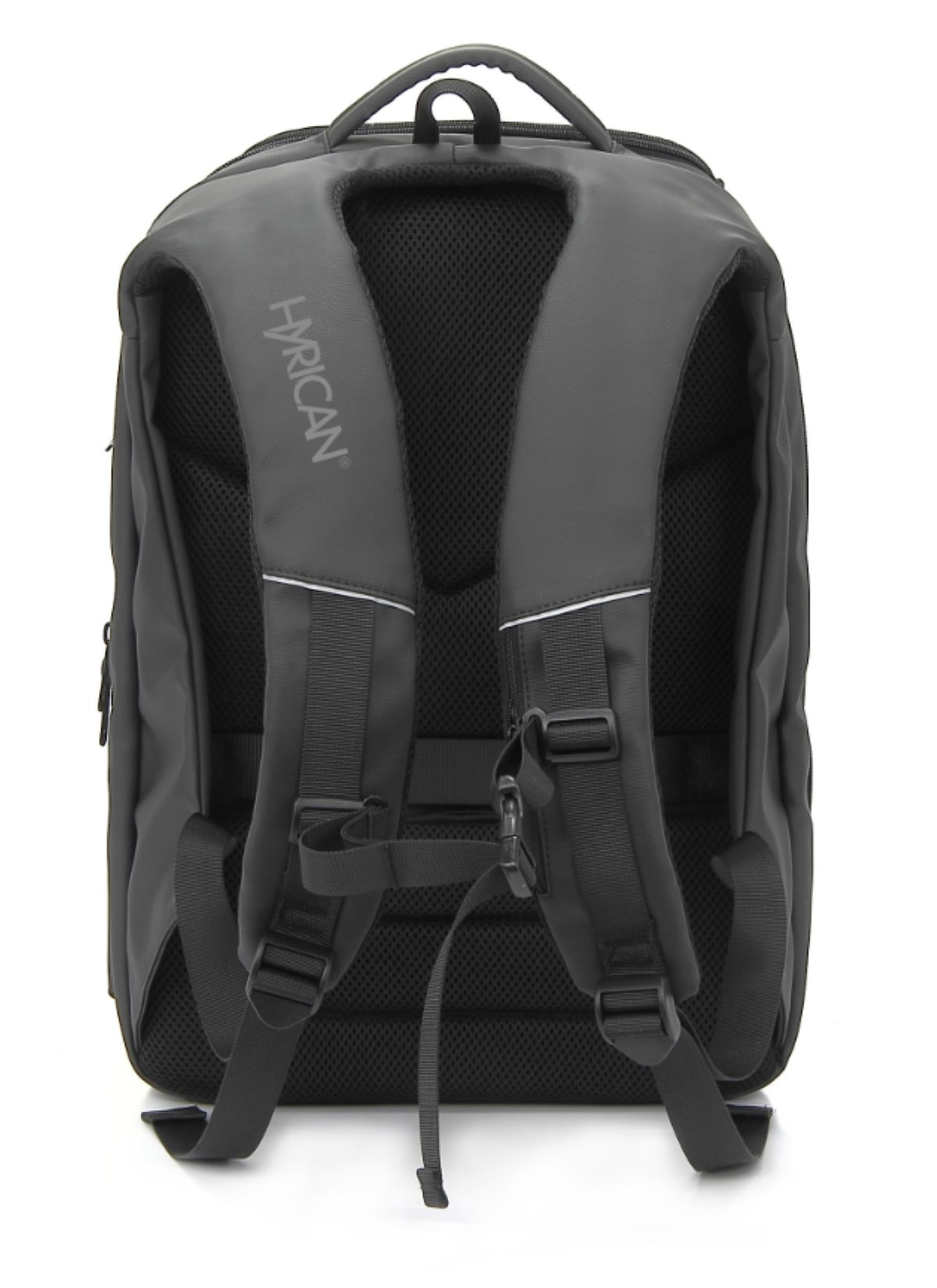 Rückansicht eines dunkelgrauen Rucksacks mit Riemen und Griff.