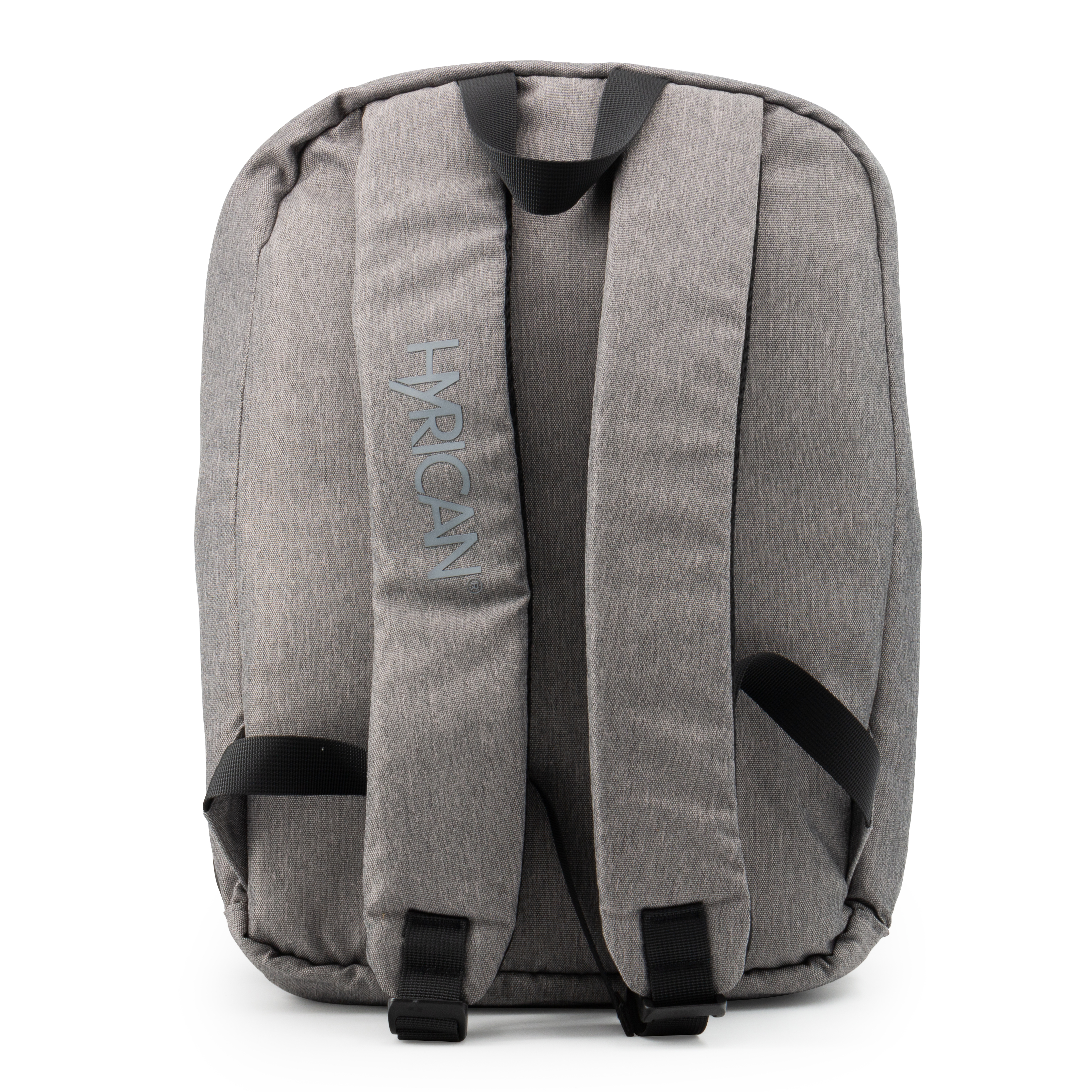 Ein grauer Rucksack von hinten mit zwei Schultergurten und einem oberen Griff. Das Wort "HYRICAN" ist aufgedruckt.