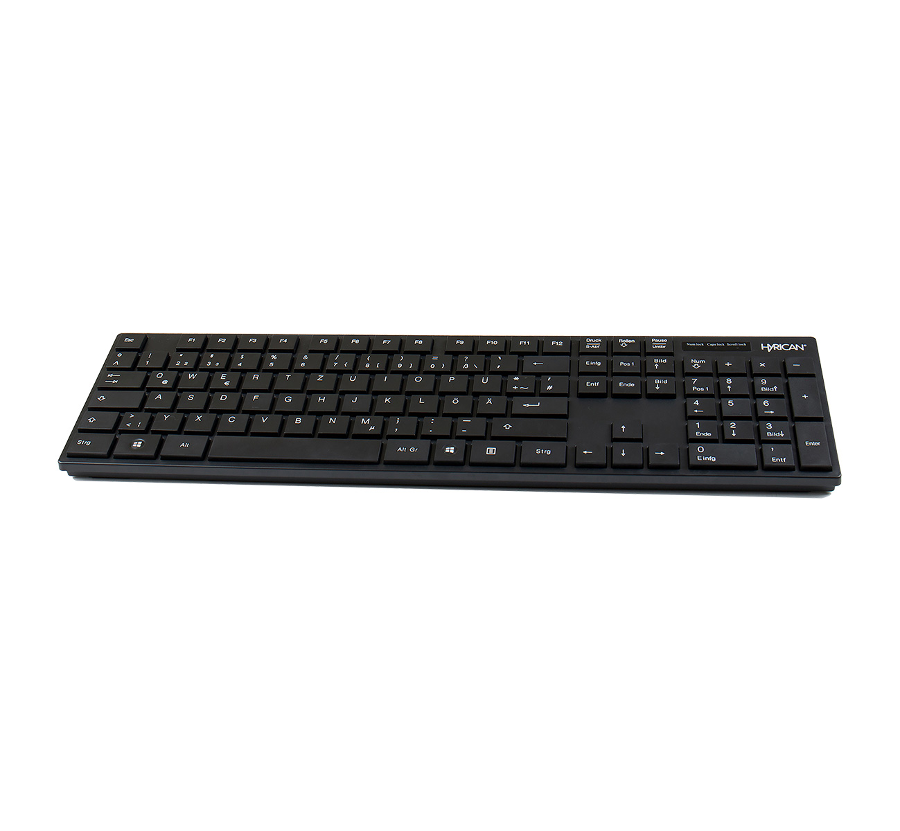 Eine schwarze Tastatur mit weißen Buchstaben und Zahlen. Es ist eine Standard-Kabeltastatur.