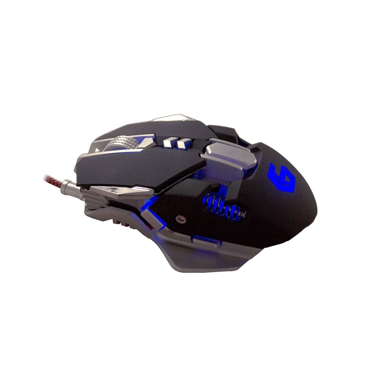 Mysz do gier, czarno-srebrna, z niebieskimi światłami i czerwono-czarnym kablem.
