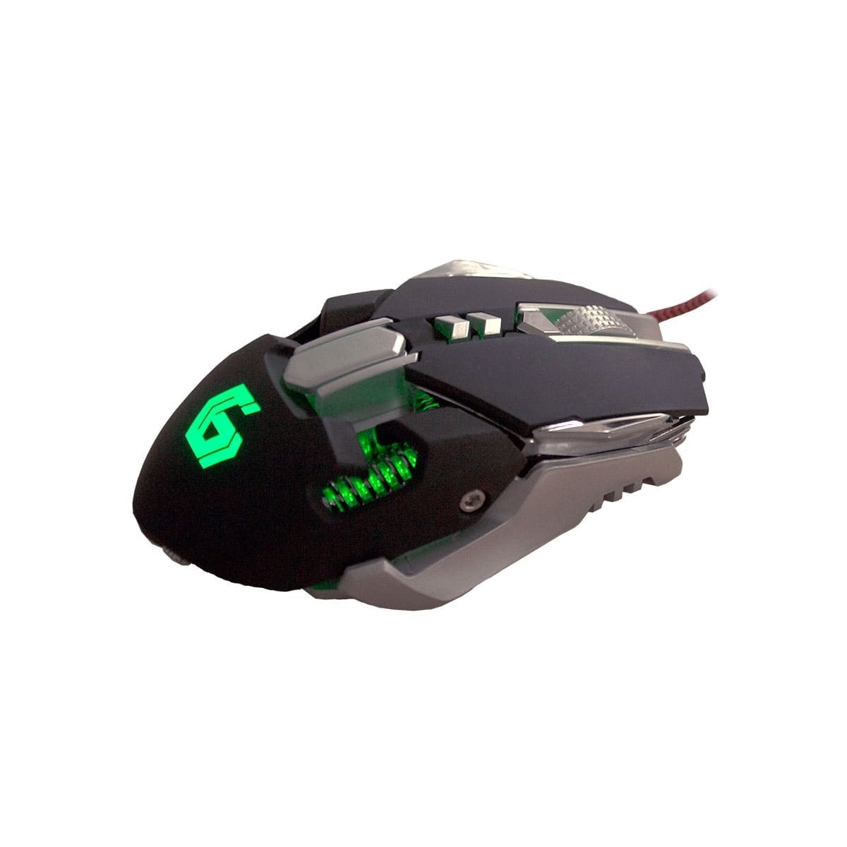 Czarna i srebrna mysz do gier z zielonymi światłami. Mysz ma kilka przycisków i czerwony kabel.