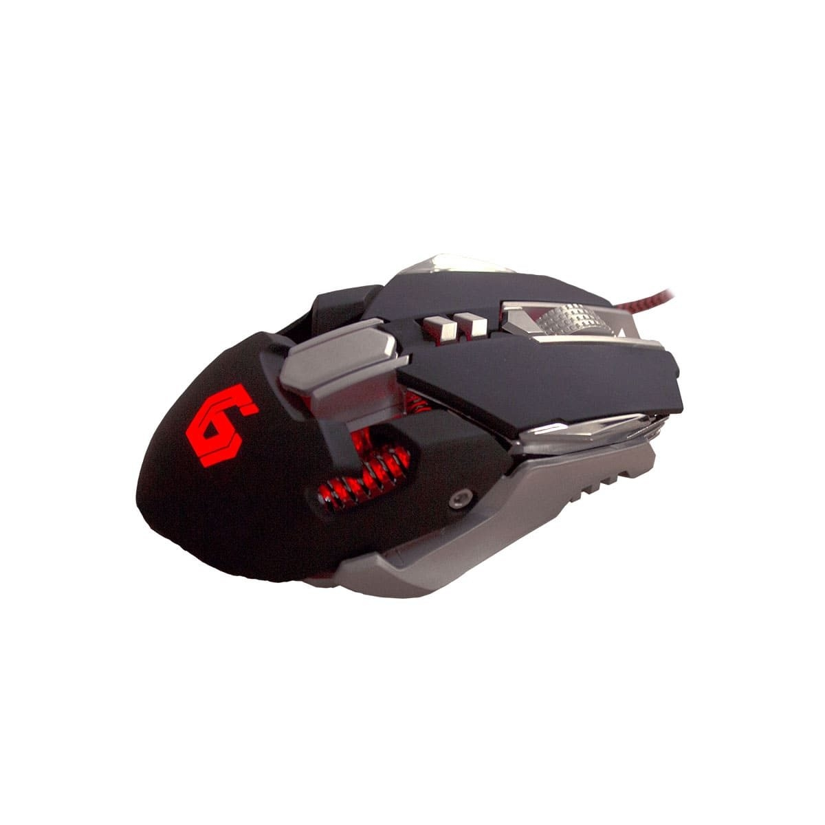 Czarna i czerwona mysz do gier na białej powierzchni. Ma charakterystyczny design z wieloma przyciskami i światłami.