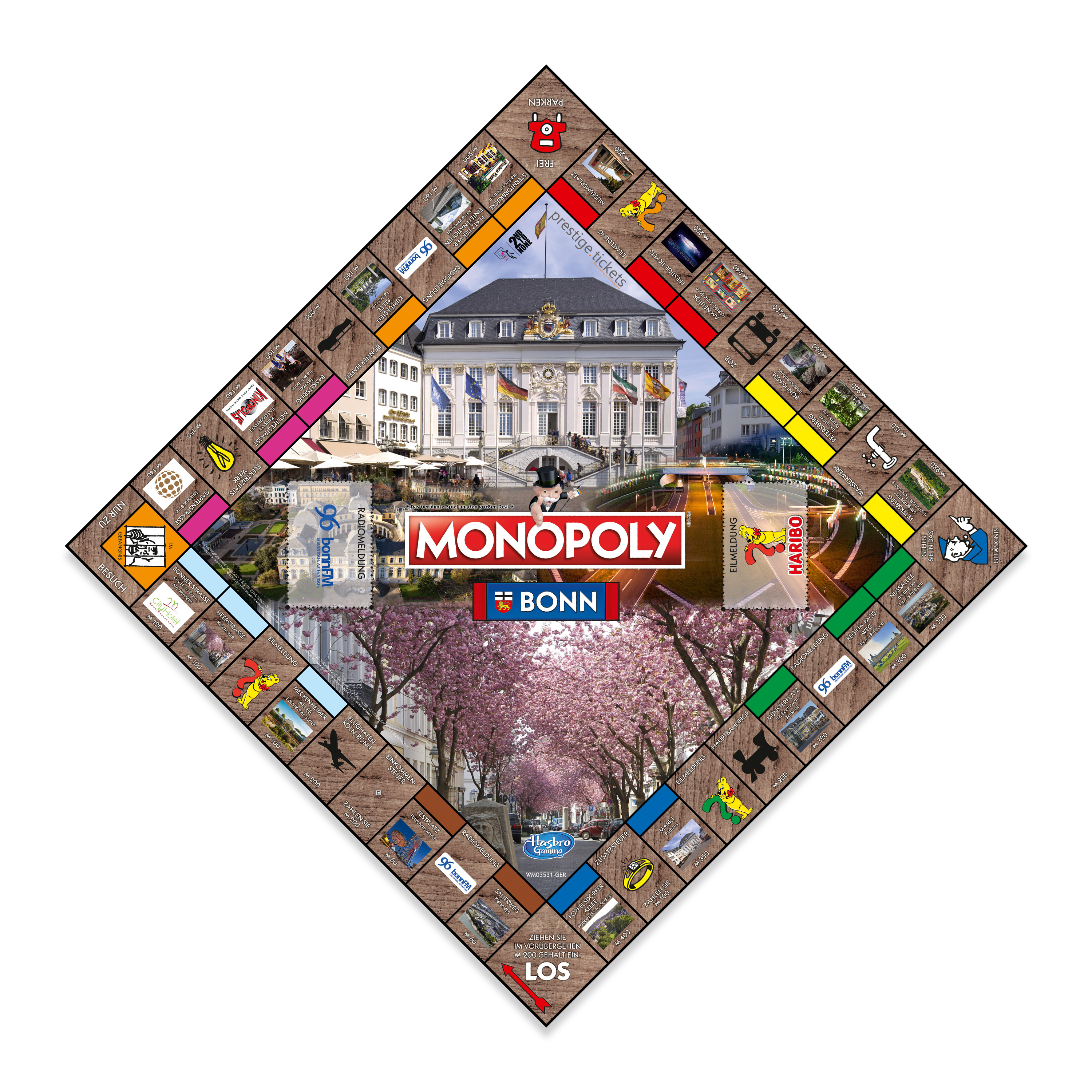 Monopoly-Brettspiel von Bonn, Deutschland, mit Stadtbildern und Monopoly-Marke.