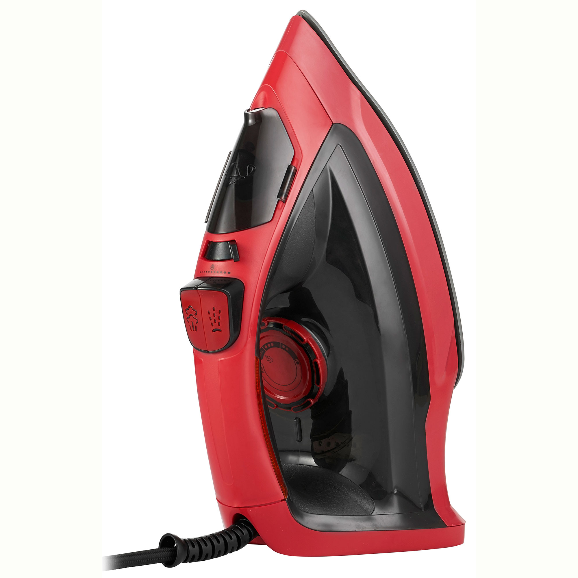 Czerwone i czarne żelazko, widok z boku. Żelazko ma czarny uchwyt i czerwony korpus. Widoczny jest przewód zasilający.