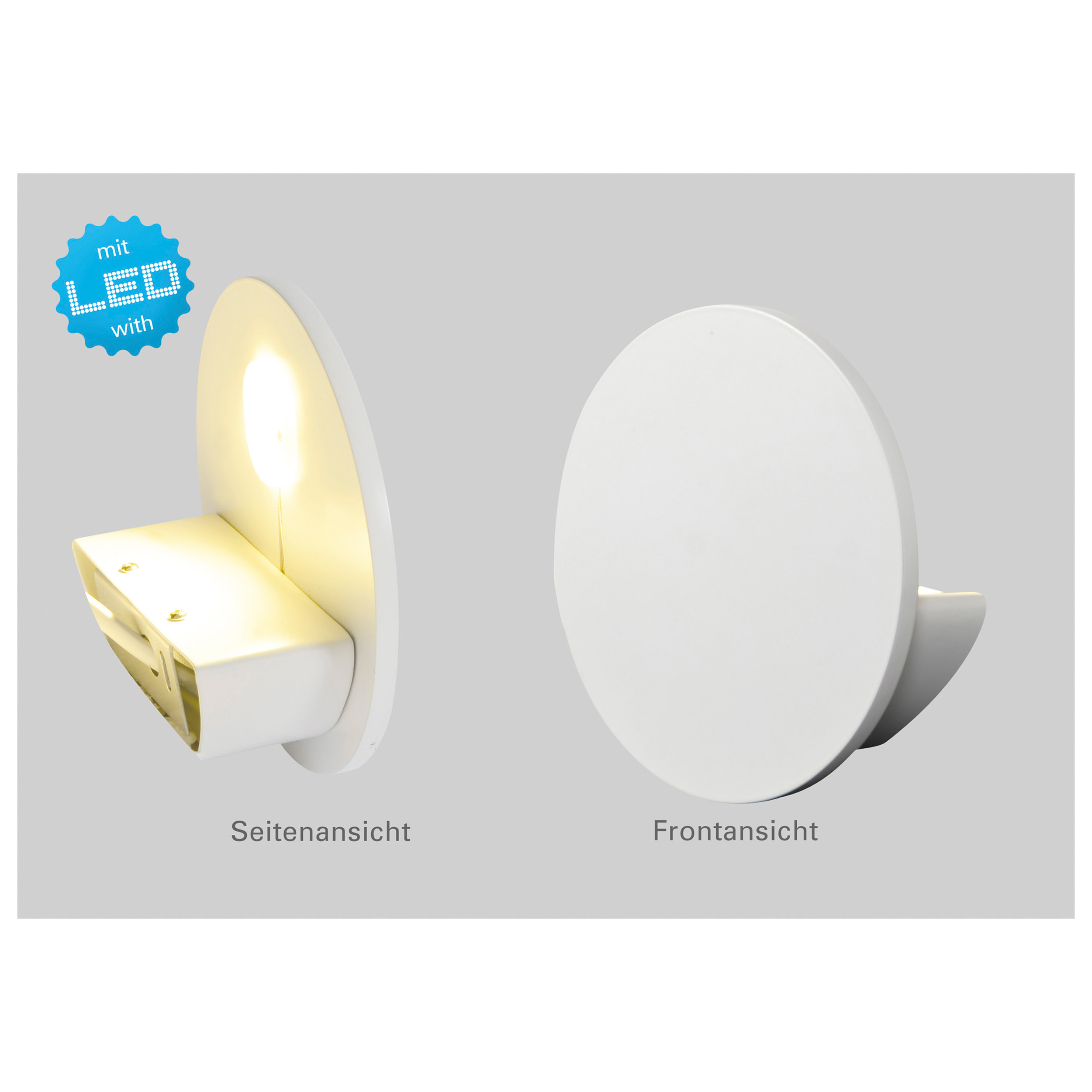 Weiße Wandleuchte mit Seiten- und Vorderansicht.