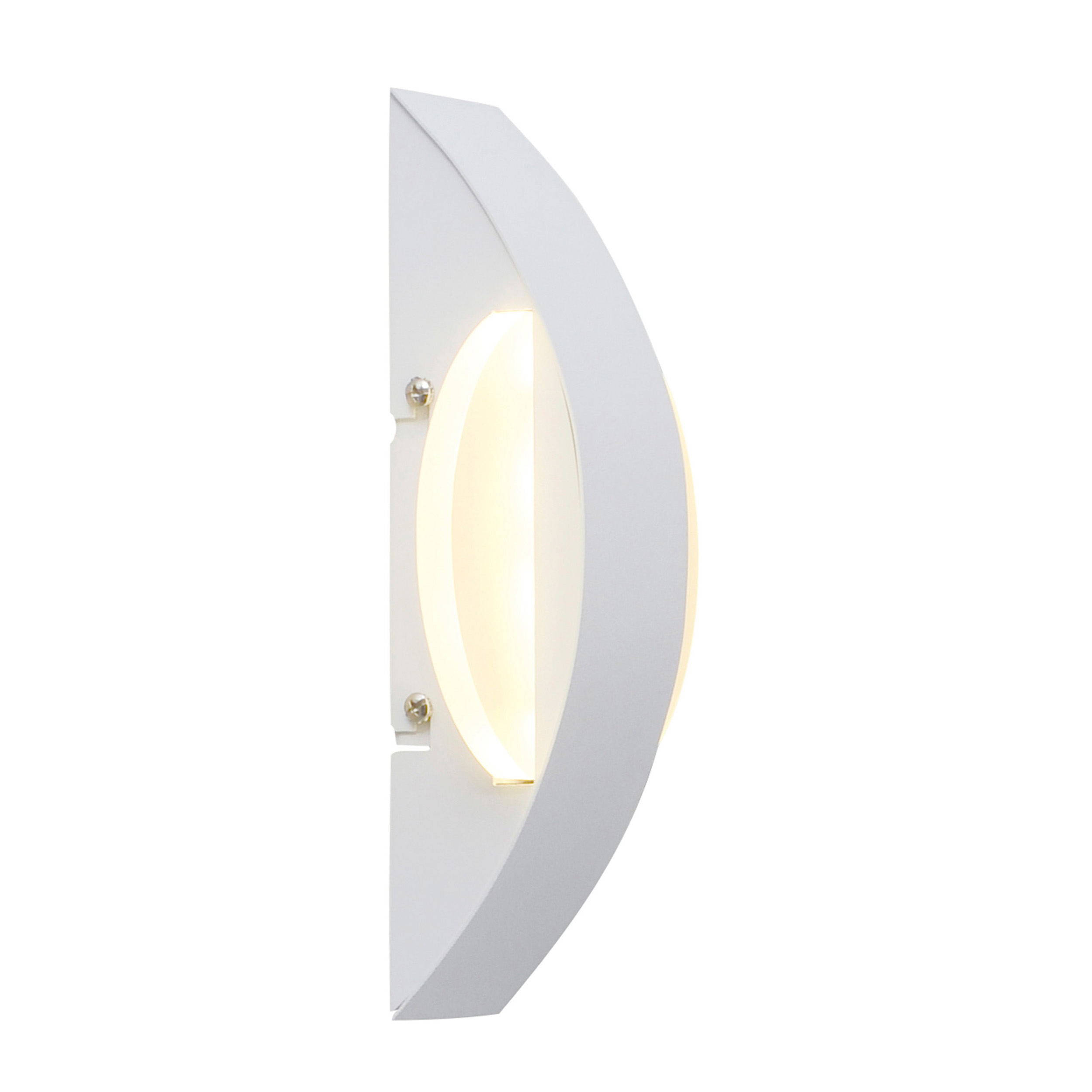 Weiße Wandleuchte mit geschwungenem Design und weichem Licht. Licht kommt aus der Mitte.