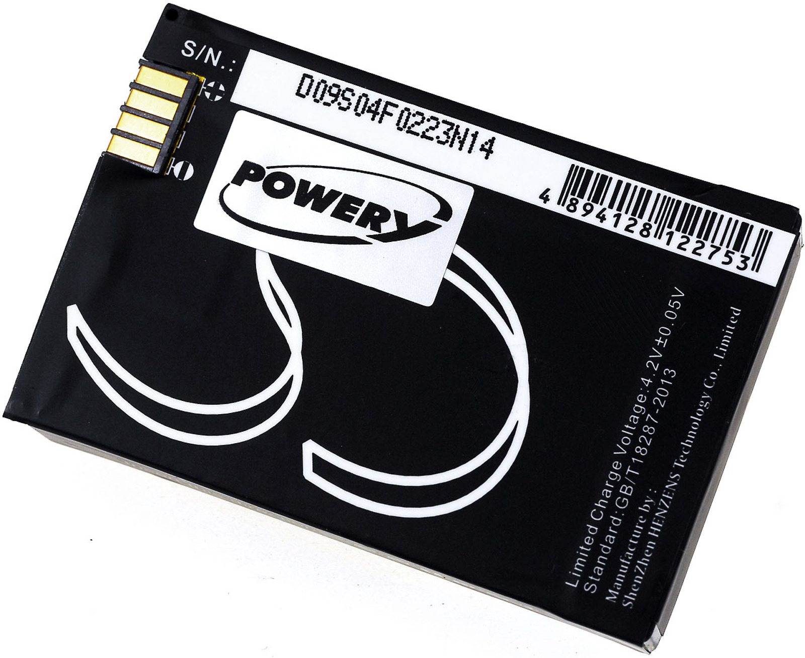 Batería de teléfono negra con una etiqueta blanca que muestra el número de serie e información del producto.